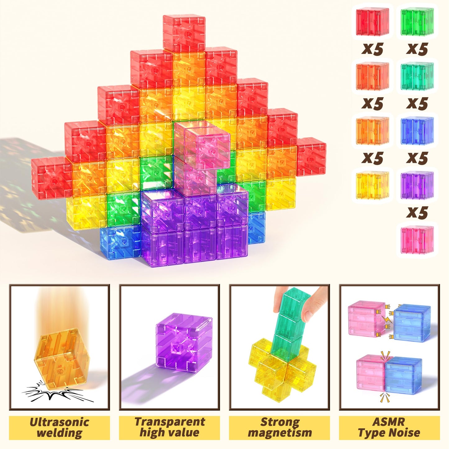 Apluses 45PCS Magnetic Blocks – Rainbow Color Magnet Cubes for Kids 3-5 | STEM & Sensory Toys