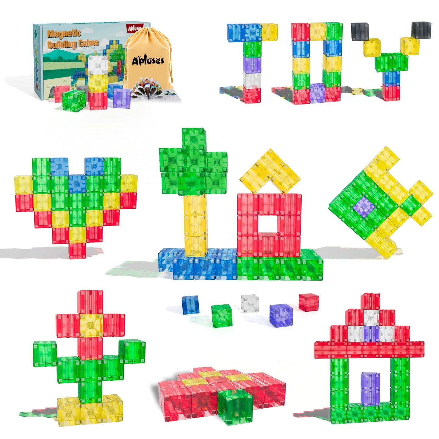 Apluses Magnetic Building Blocks - Transparent STEM Cubes for 3-5 Year Olds