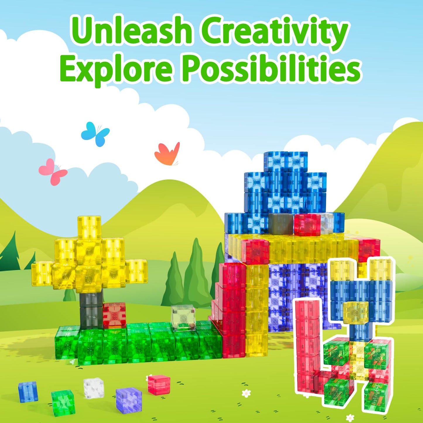 Apluses Magnetic Building Blocks - Transparent STEM Cubes for 3-5 Year Olds