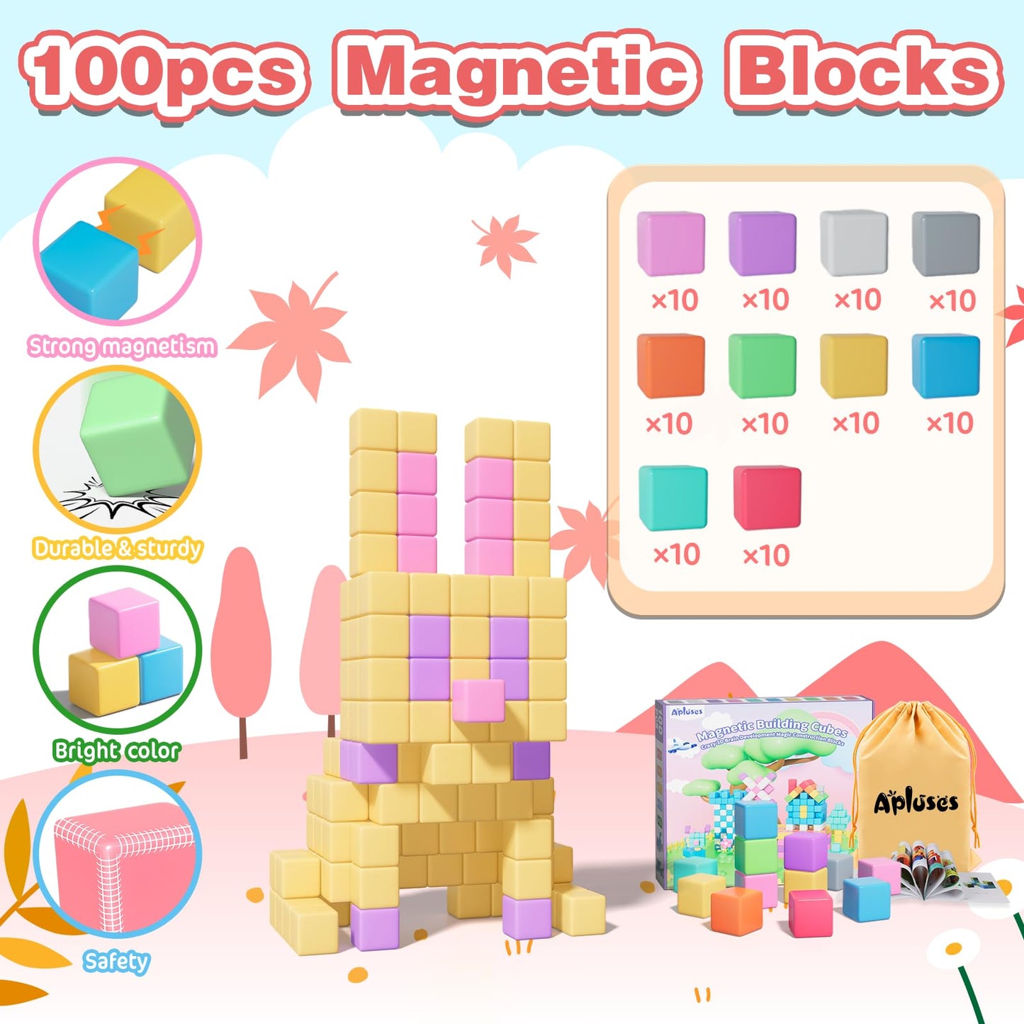Apluses 100pcs Magnetic Blocks – STEM Building Toys for Kids Aged 3-8