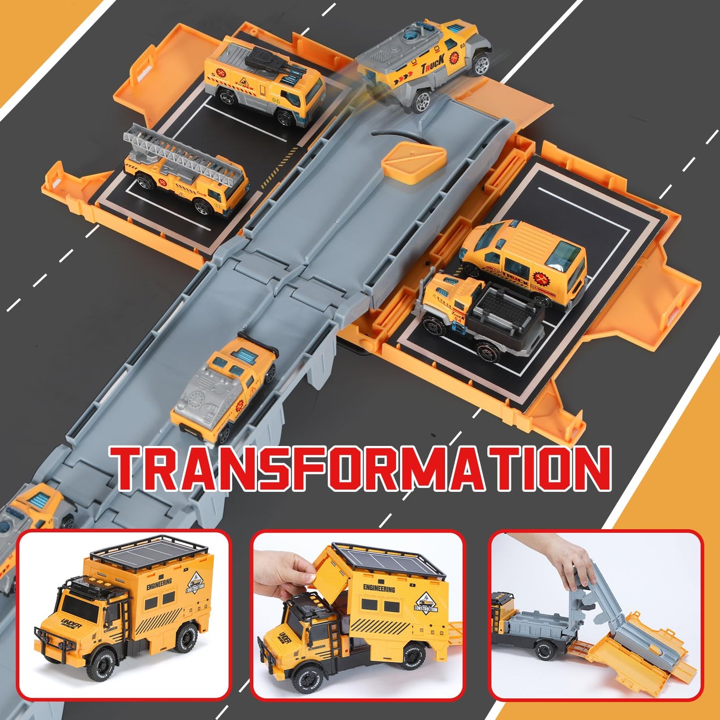 APOBATK Versatile Transforming Truck with Race Tracks (Yellow) – Foldable Toy for Kids 3-7