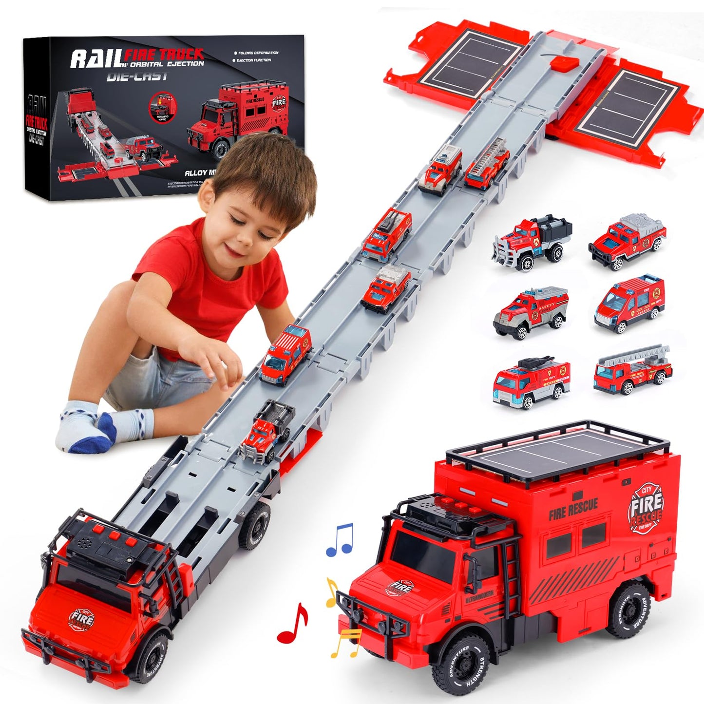 APOBATK Transforming Truck with Race Tracks – Foldable Toy for Ages 3-7 (Red)