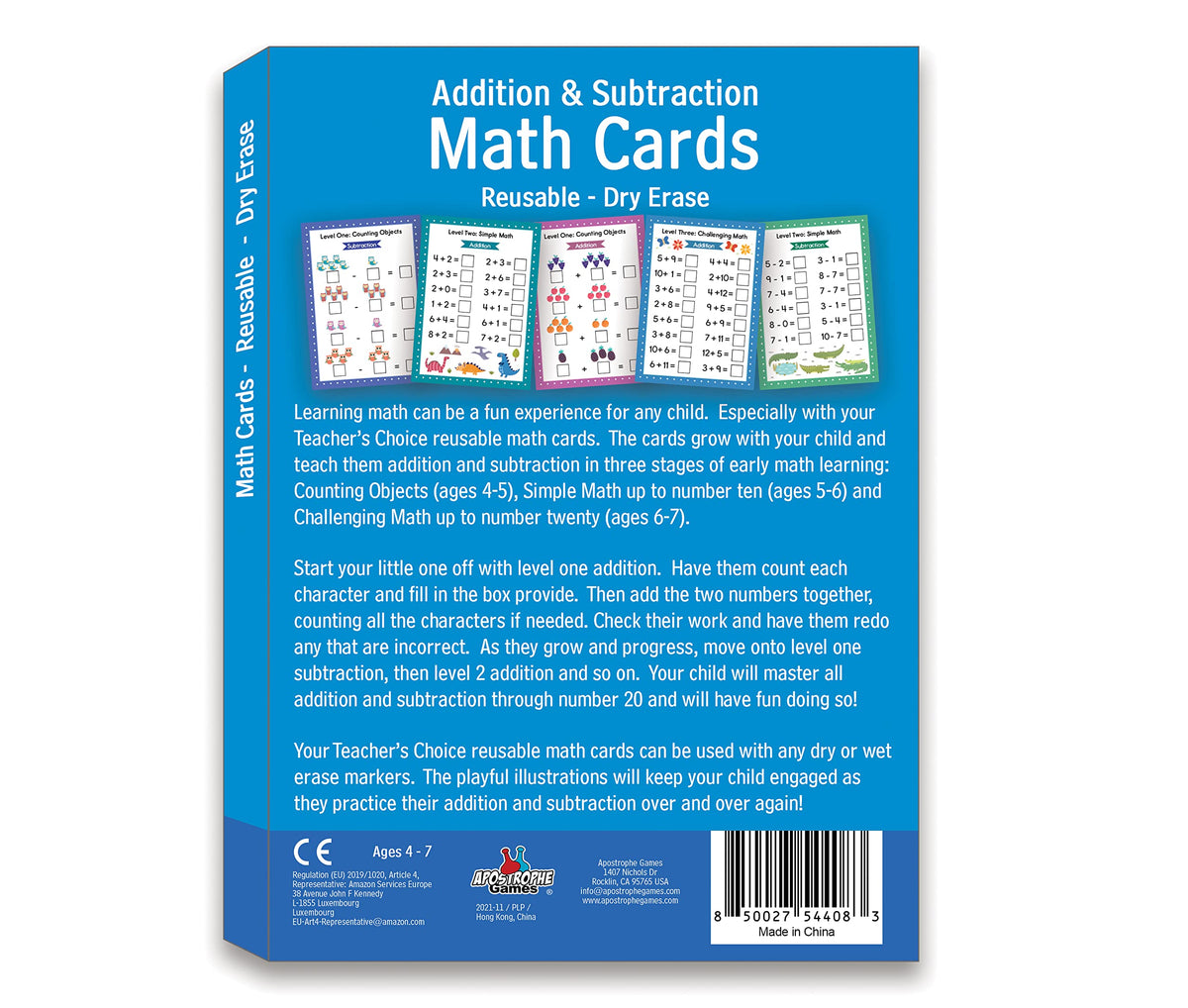 Apostrophe Games Addition & Subtraction Dry Erase Cards – Reusable Math Sheets for Kids