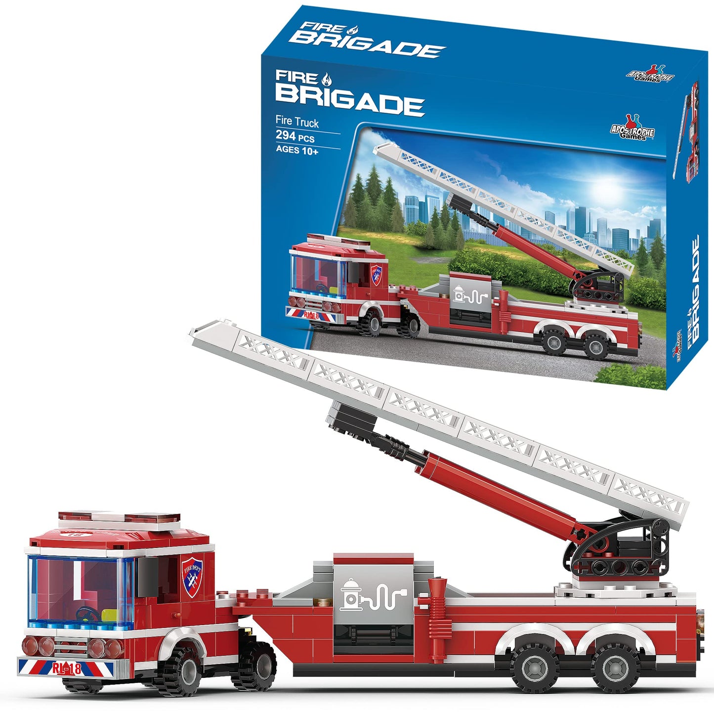 Apostrophe Games Fire Truck Building Set – 294 Pieces with Extended Ladder | Educational Building Blocks for Ages 10+