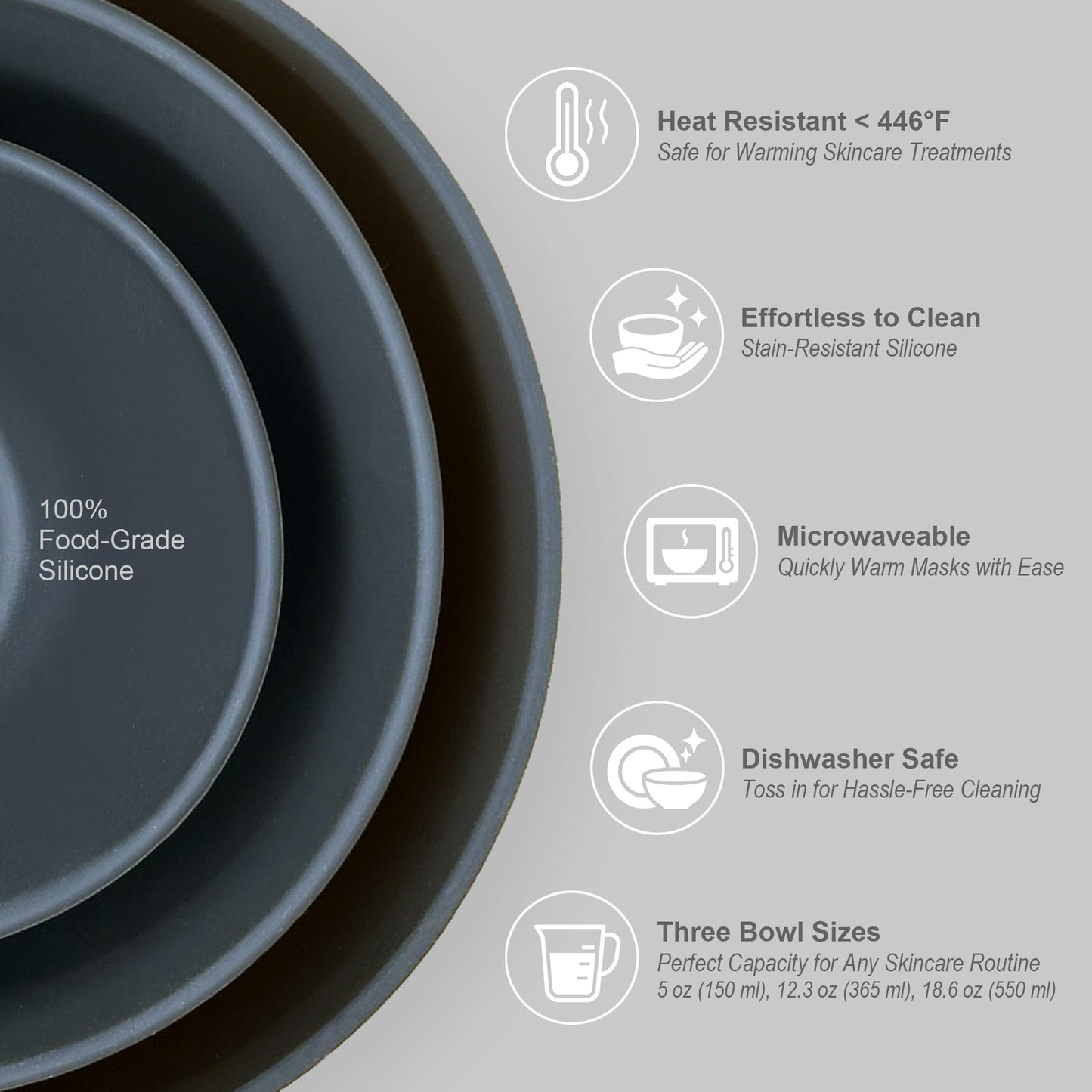 APPEARUS Facial Mask Silicone Mixing Bowl Set – 6-Piece Spa Skincare Kit (Dark Gray), 3 Bowls, Brush & Spatulas, Microwave & Dishwasher Safe