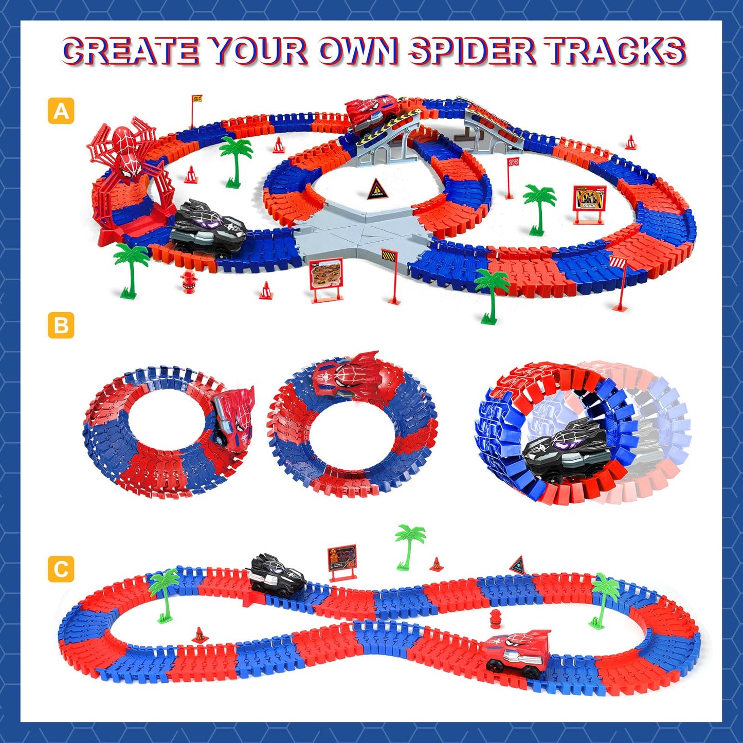 Appoft Spider Hero Monster Truck Track Set – 212-Piece Race Track with 2 Electric Cars for Ages 3-9