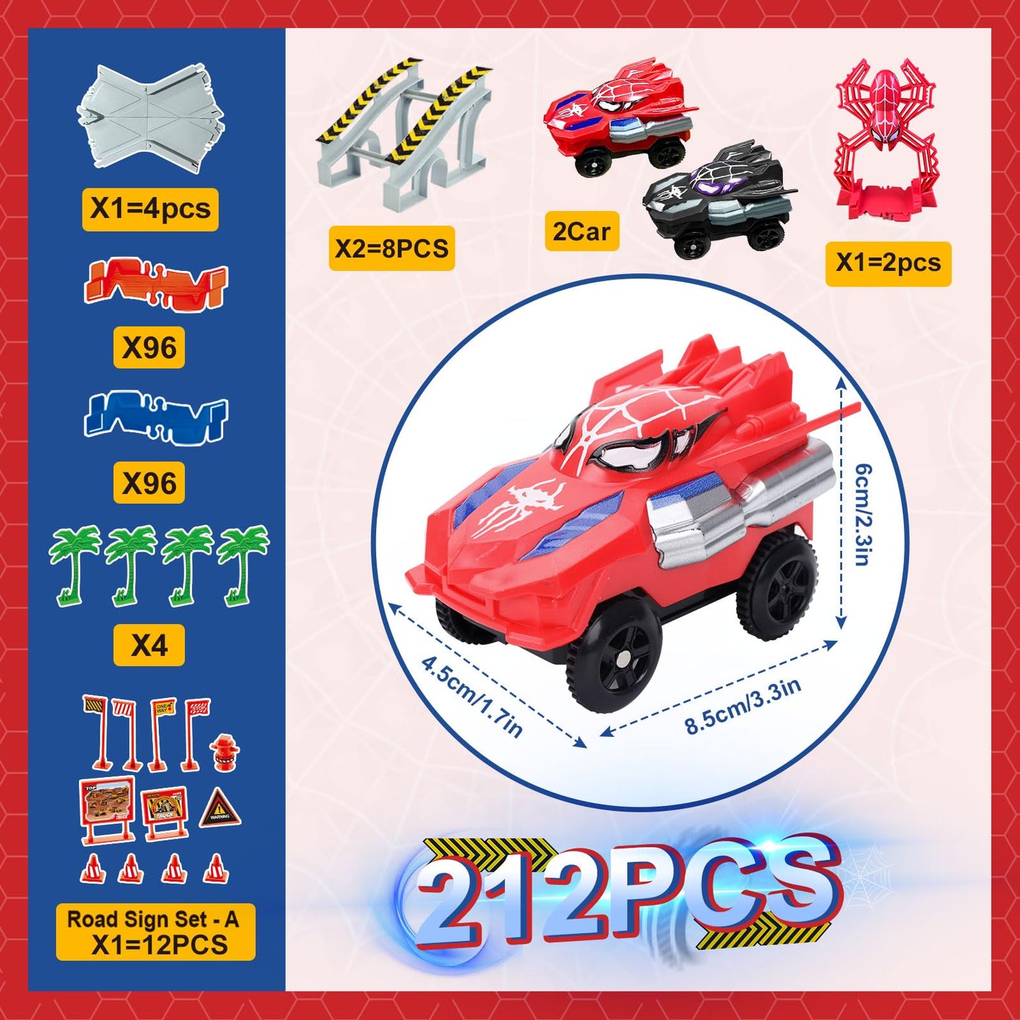 Appoft Spider Hero Monster Truck Track Set – 212-Piece Race Track with 2 Electric Cars for Ages 3-9