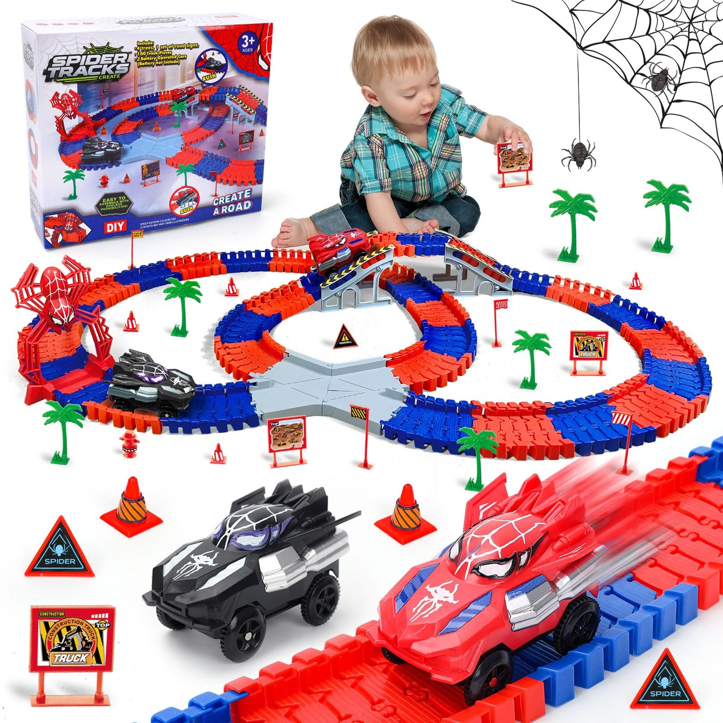 Appoft Spider Hero Monster Truck Track Set – 212-Piece Race Track with 2 Electric Cars for Ages 3-9
