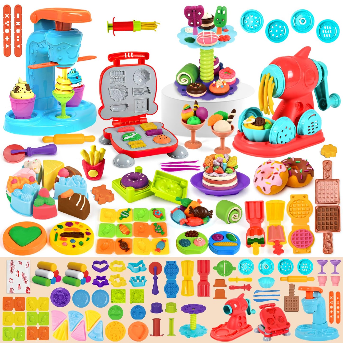 Aprilwolf 75-Piece 4-in-1 Dough Set for Kids 3-8 | Ice Cream, Noodle & Hamburger Makers