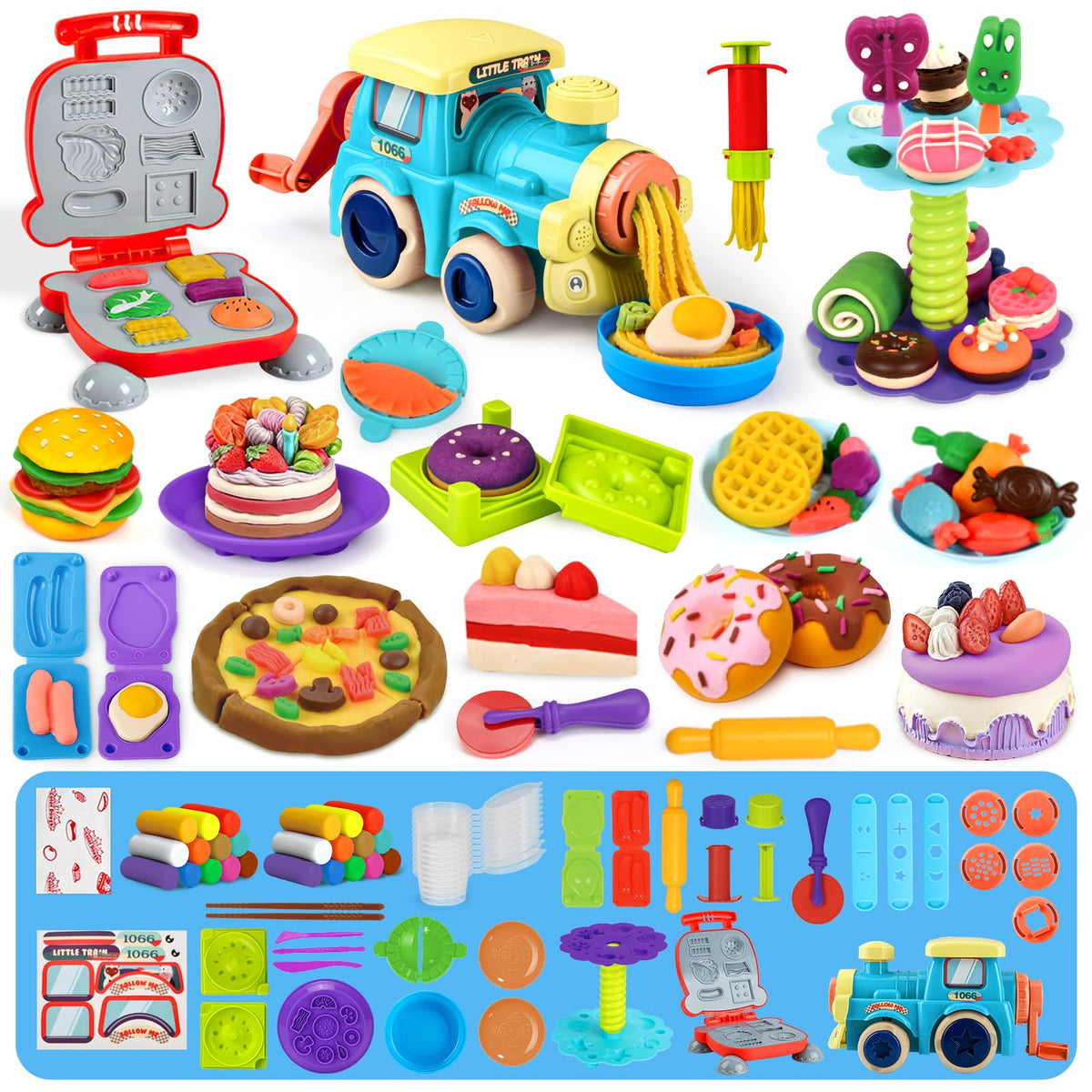 Aprilwolf 85 PCS 3-in-1 Dough Set for Kids | Train Engine Noodle Playset, Hamburger Machine & Dessert Rack