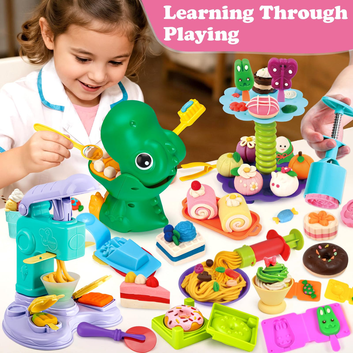 Aprilwolf 93 PCS 4-in-1 Dough Sets for Kids | Dinosaur Dentist Playset, Ice Cream & Mooncake Maker, Dessert Rack