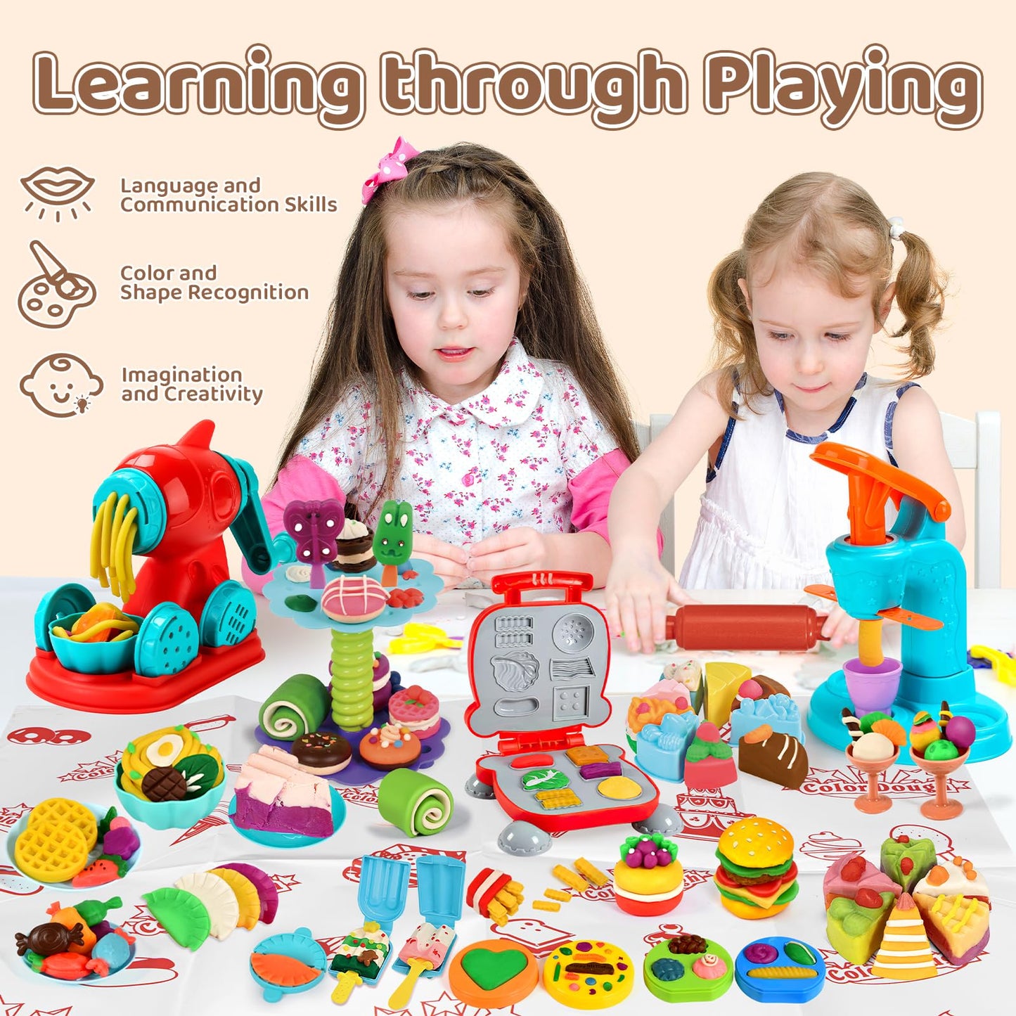 Aprilwolf 75-Piece 4-in-1 Dough Set for Kids 3-8 | Ice Cream, Noodle & Hamburger Makers
