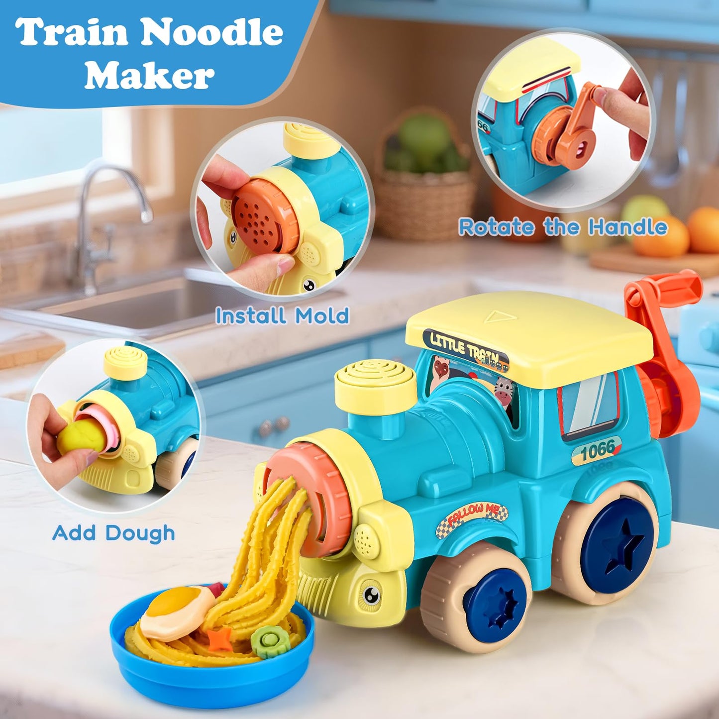 Aprilwolf 85 PCS 3-in-1 Dough Set for Kids | Train Engine Noodle Playset, Hamburger Machine & Dessert Rack