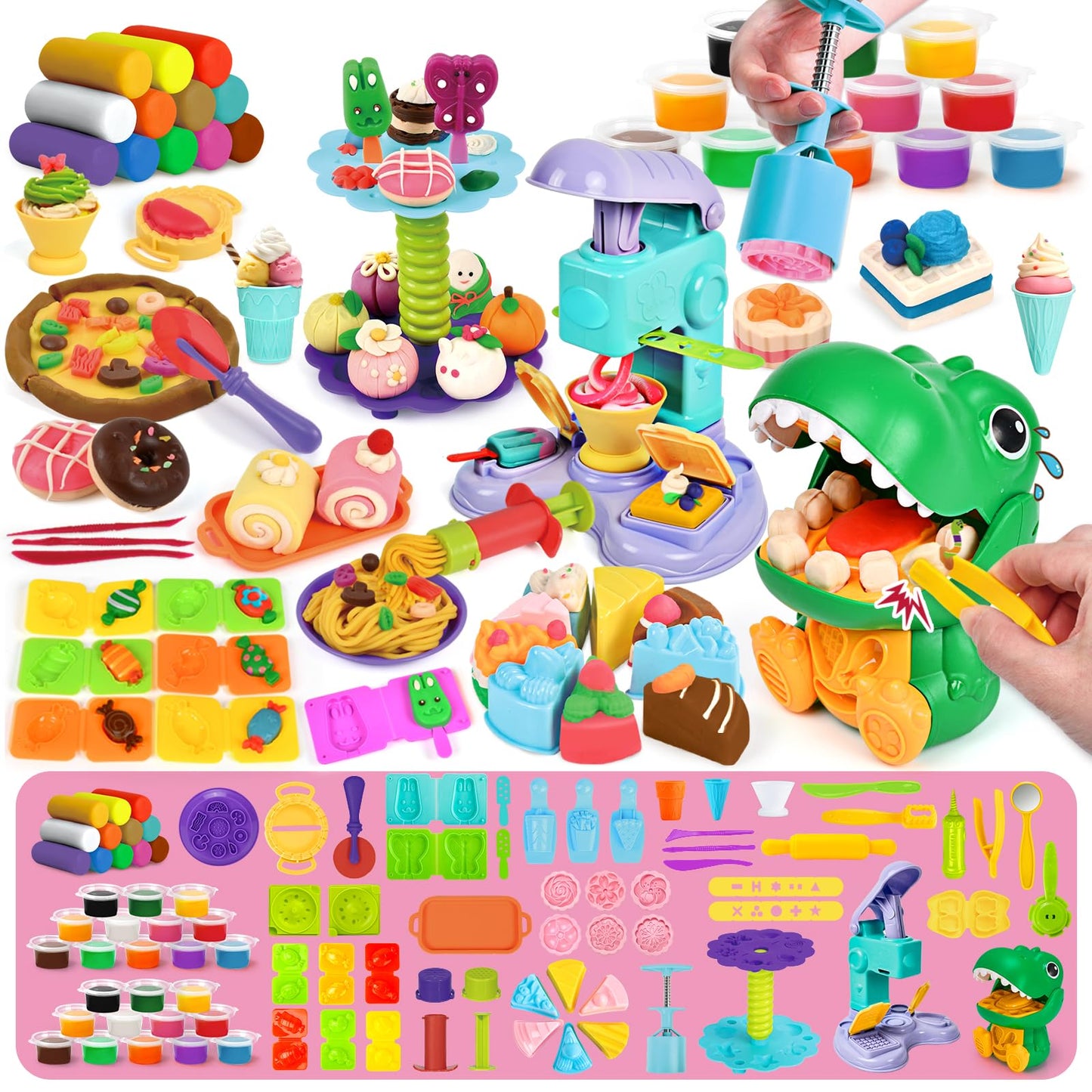 Aprilwolf 93 PCS 4-in-1 Dough Sets for Kids | Dinosaur Dentist Playset, Ice Cream & Mooncake Maker, Dessert Rack