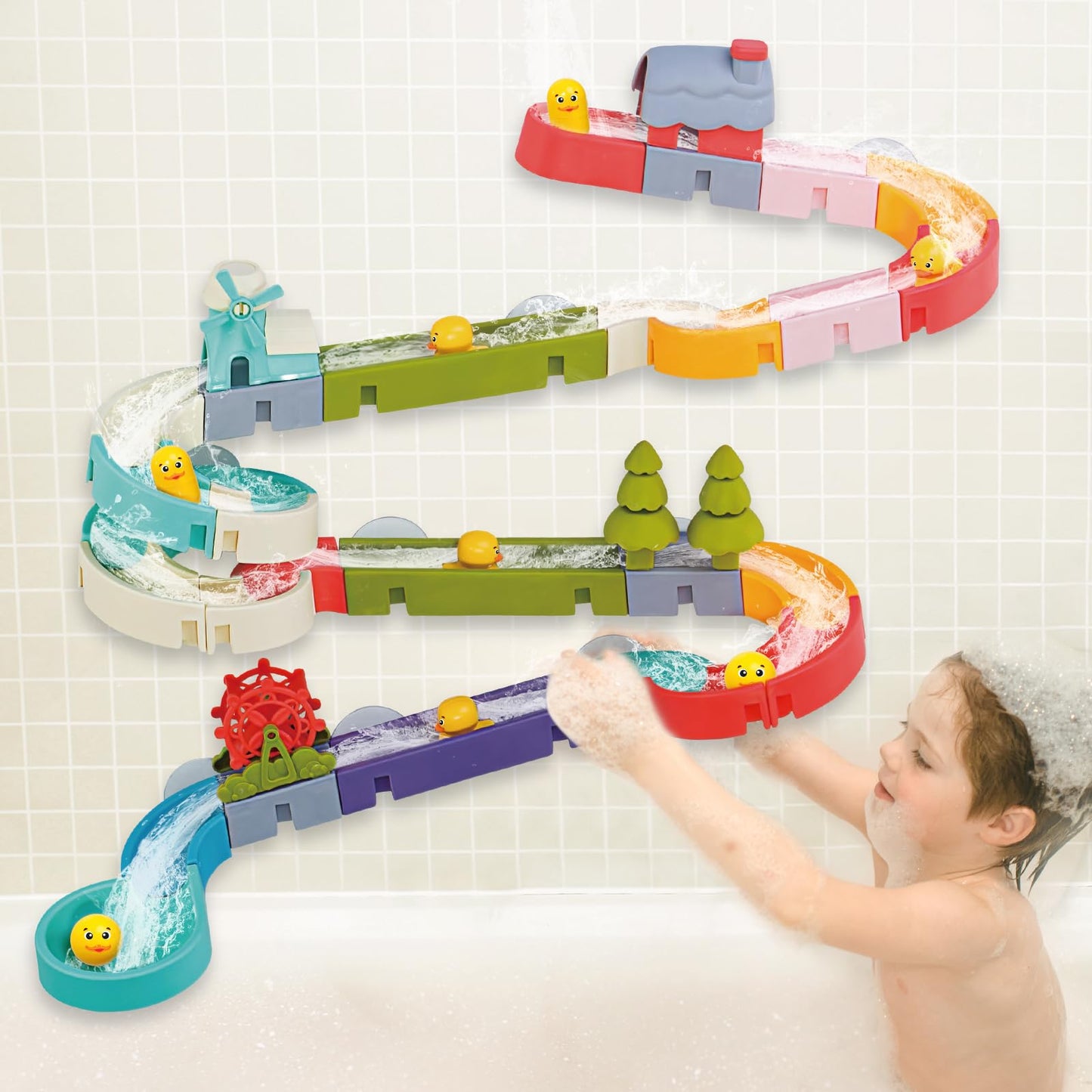 Aprilwolf Duck Slide Bath Toys – Wall Track Building Set for Kids Aged 4-8 | 52 PCS