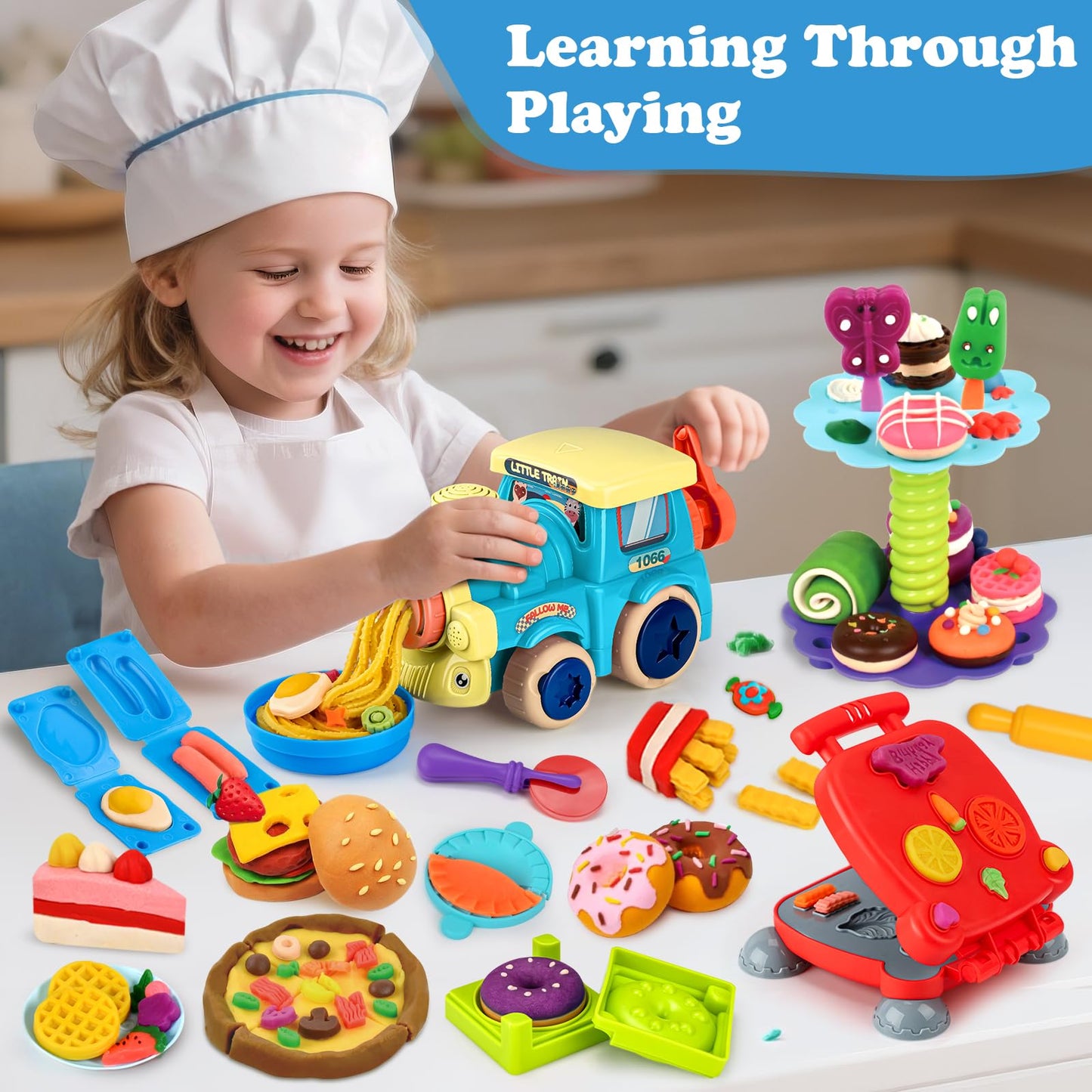 Aprilwolf 85 PCS 3-in-1 Dough Set for Kids | Train Engine Noodle Playset, Hamburger Machine & Dessert Rack
