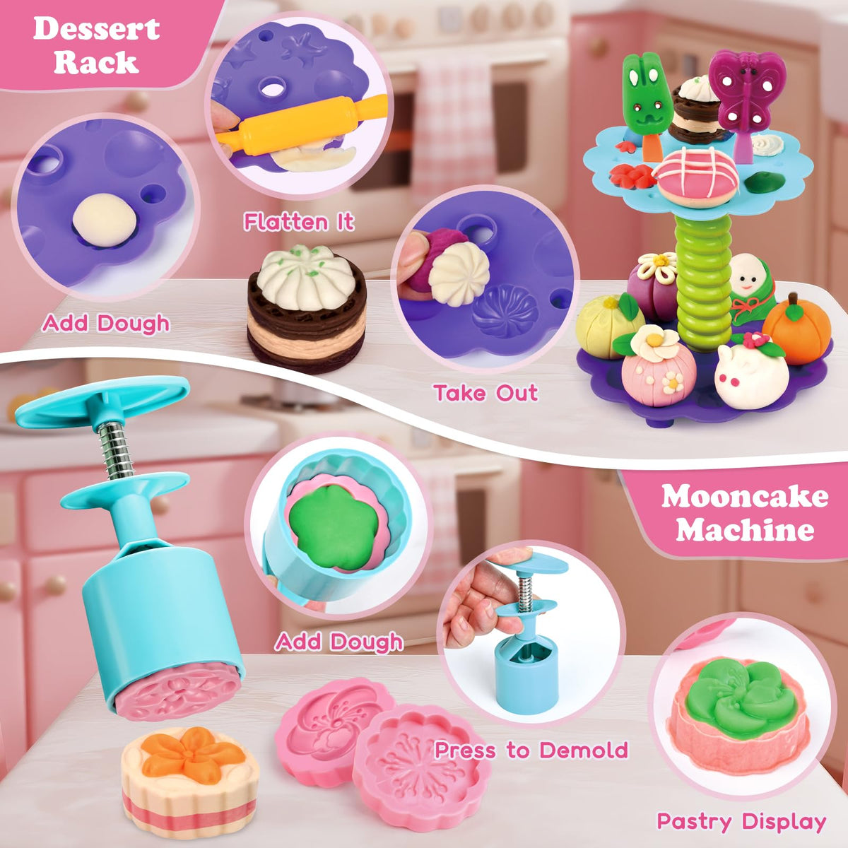 Aprilwolf 93 PCS 4-in-1 Dough Sets for Kids | Dinosaur Dentist Playset, Ice Cream & Mooncake Maker, Dessert Rack