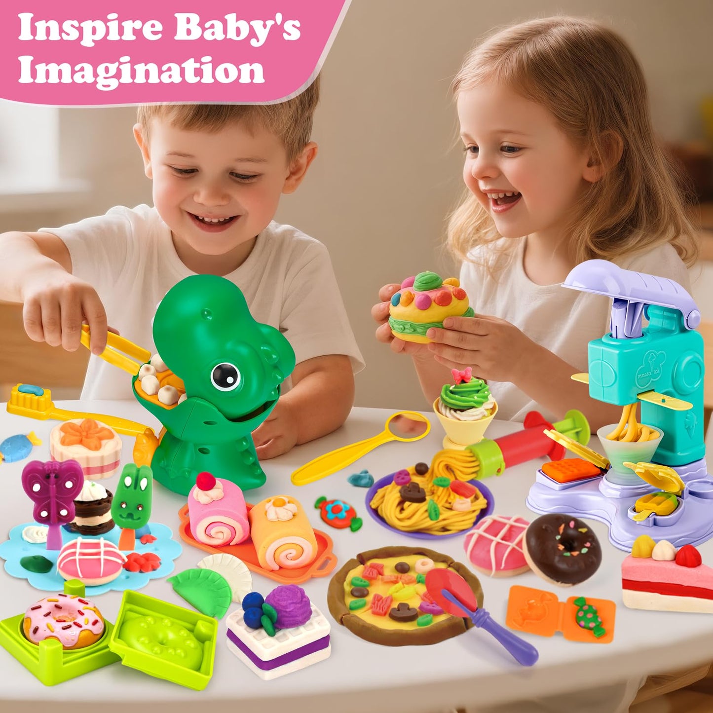 Aprilwolf 93 PCS 4-in-1 Dough Sets for Kids | Dinosaur Dentist Playset, Ice Cream & Mooncake Maker, Dessert Rack