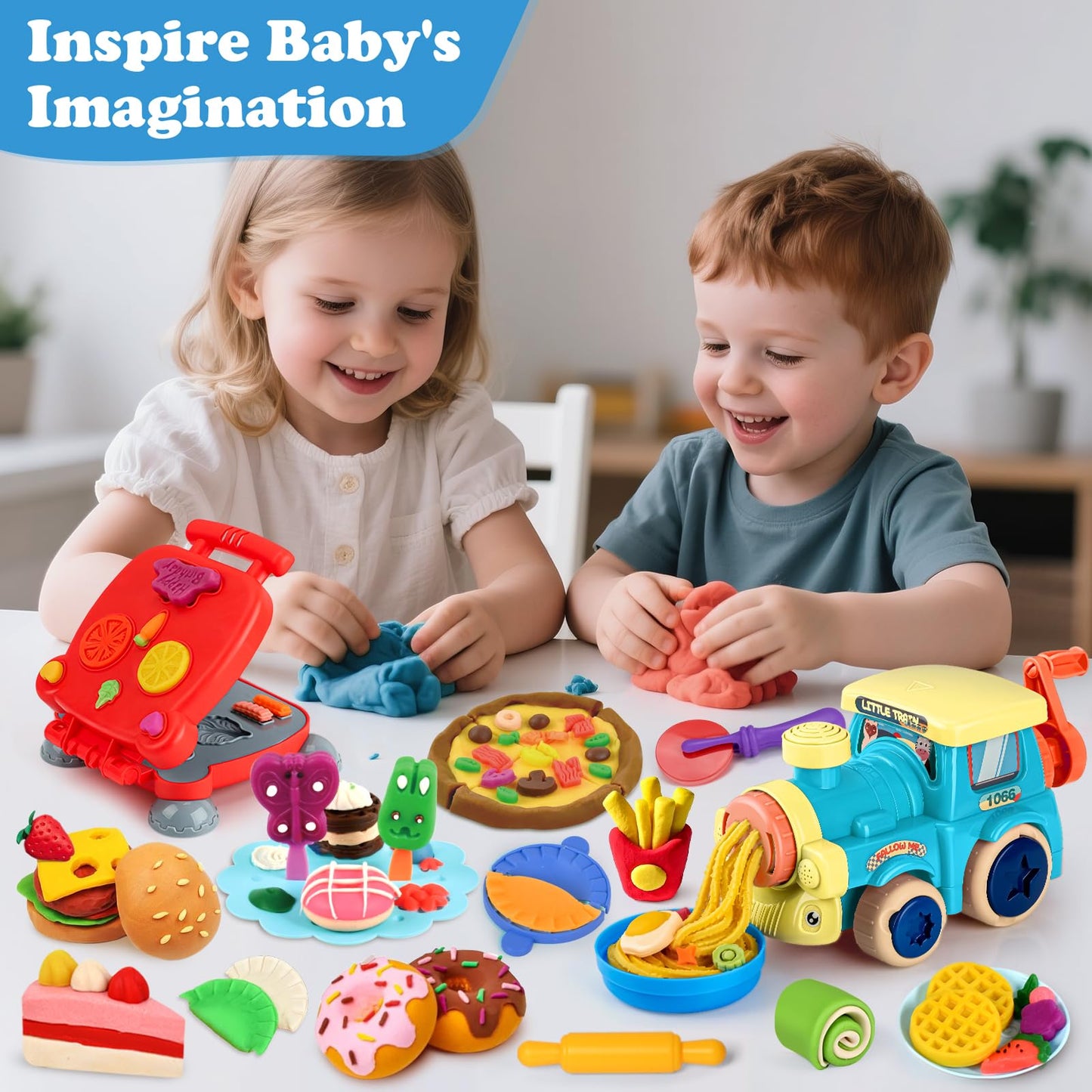 Aprilwolf 85 PCS 3-in-1 Dough Set for Kids | Train Engine Noodle Playset, Hamburger Machine & Dessert Rack