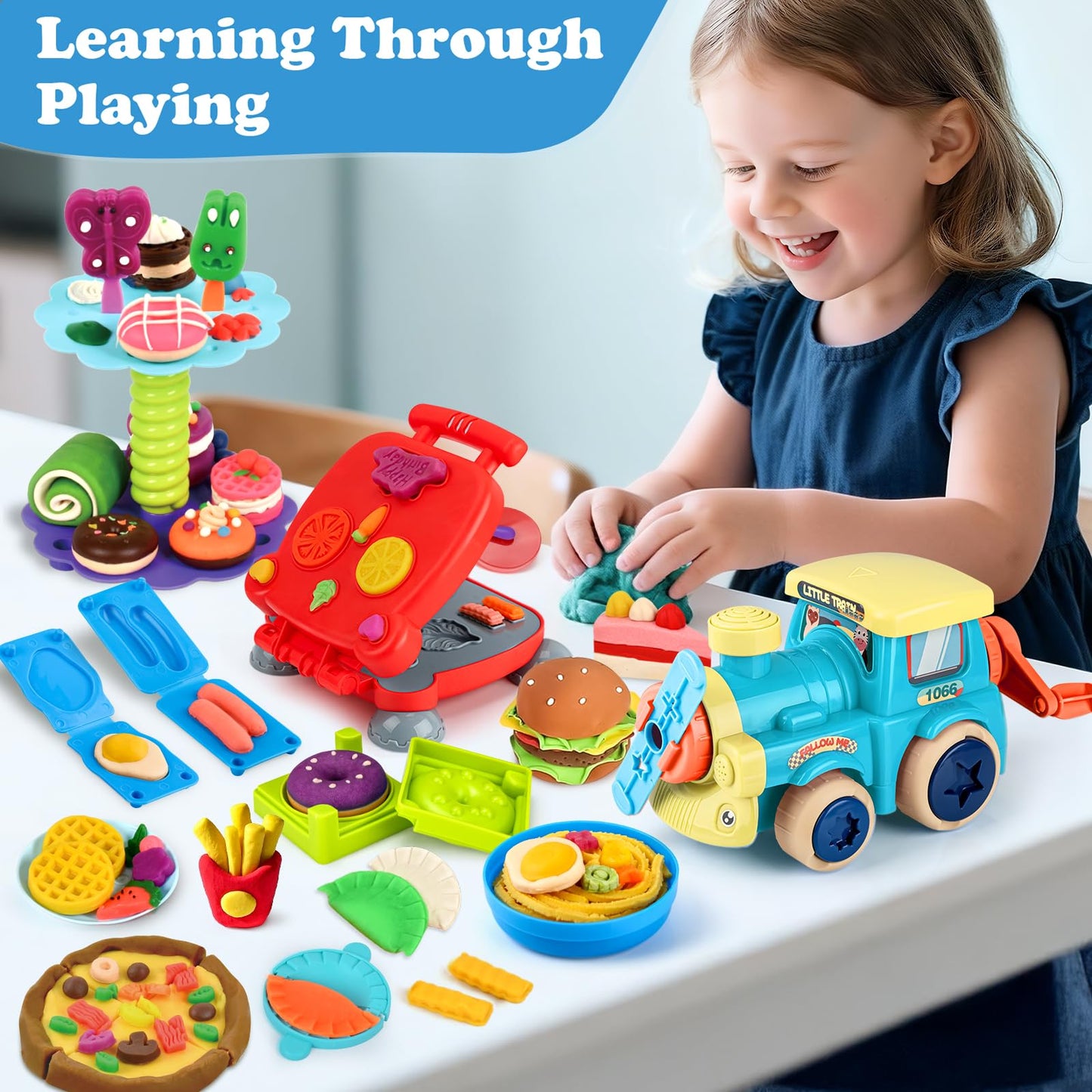 Aprilwolf 85 PCS 3-in-1 Dough Set for Kids | Train Engine Noodle Playset, Hamburger Machine & Dessert Rack