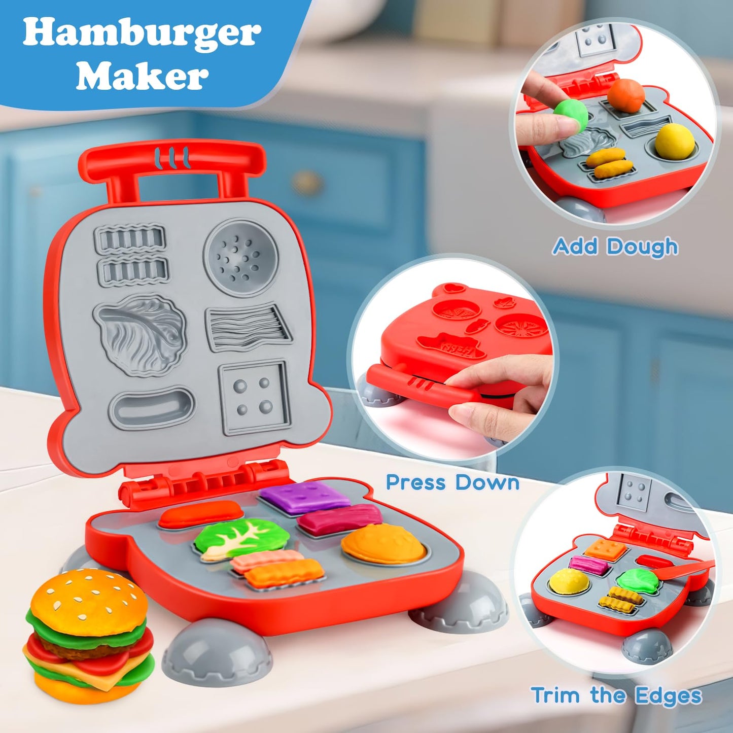 Aprilwolf 85 PCS 3-in-1 Dough Set for Kids | Train Engine Noodle Playset, Hamburger Machine & Dessert Rack