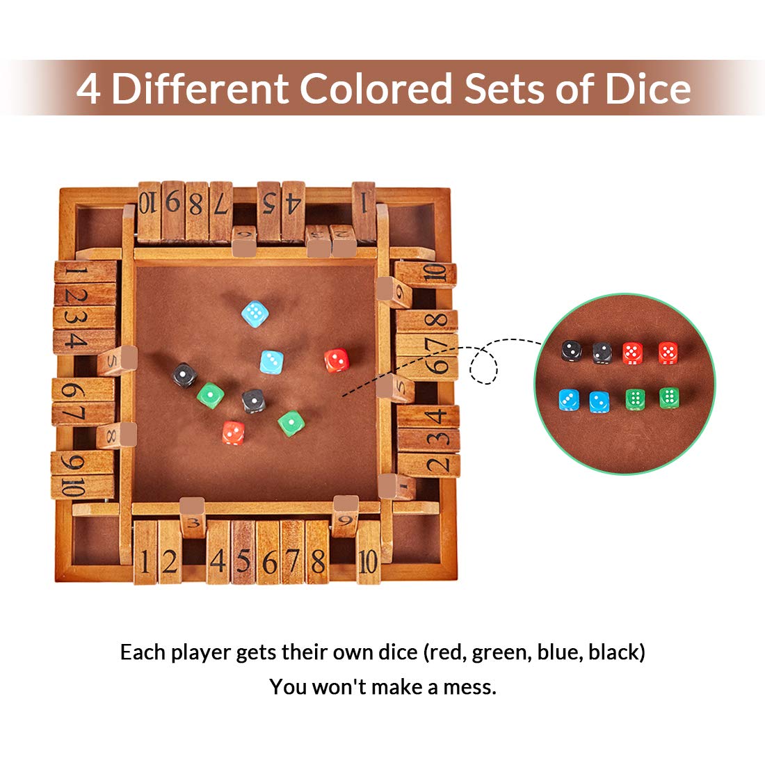 ApudArmis 4-Way Shut The Box – Large Wooden Board Game Set with Dice for 2-4 Players