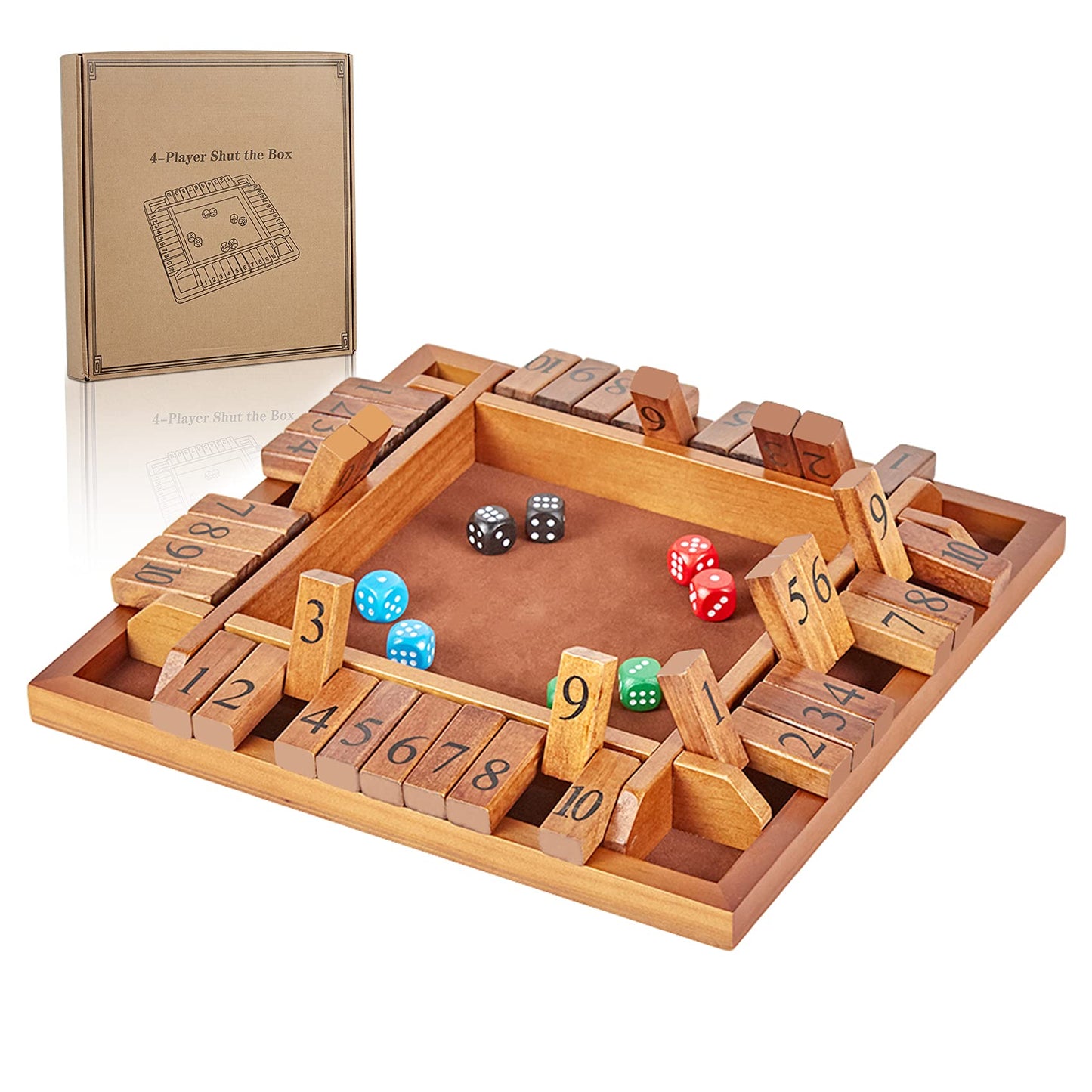 ApudArmis 4-Way Shut The Box – Large Wooden Board Game Set with Dice for 2-4 Players