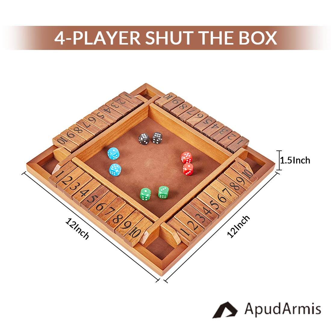 ApudArmis 4-Way Shut The Box – Large Wooden Board Game Set with Dice for 2-4 Players