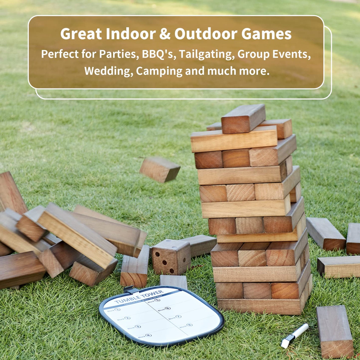 ApudArmis 54-Piece Pine Tumble Tower Set — 3.2 ft, Dice & Scoreboard