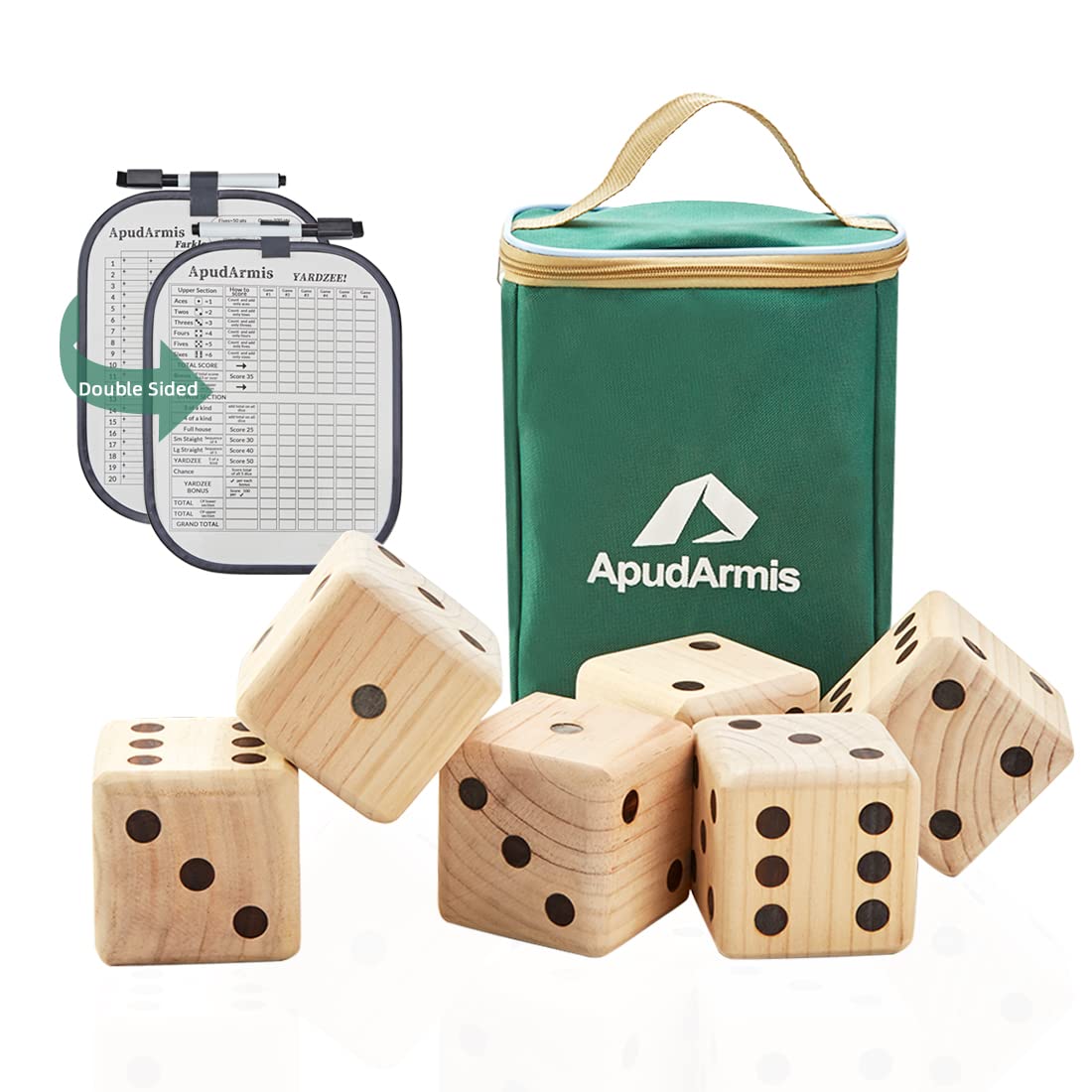 ApudArmis Giant Wooden Yard Dice - 3.5-Inch Dice Set with Scoreboard & Carry Bag