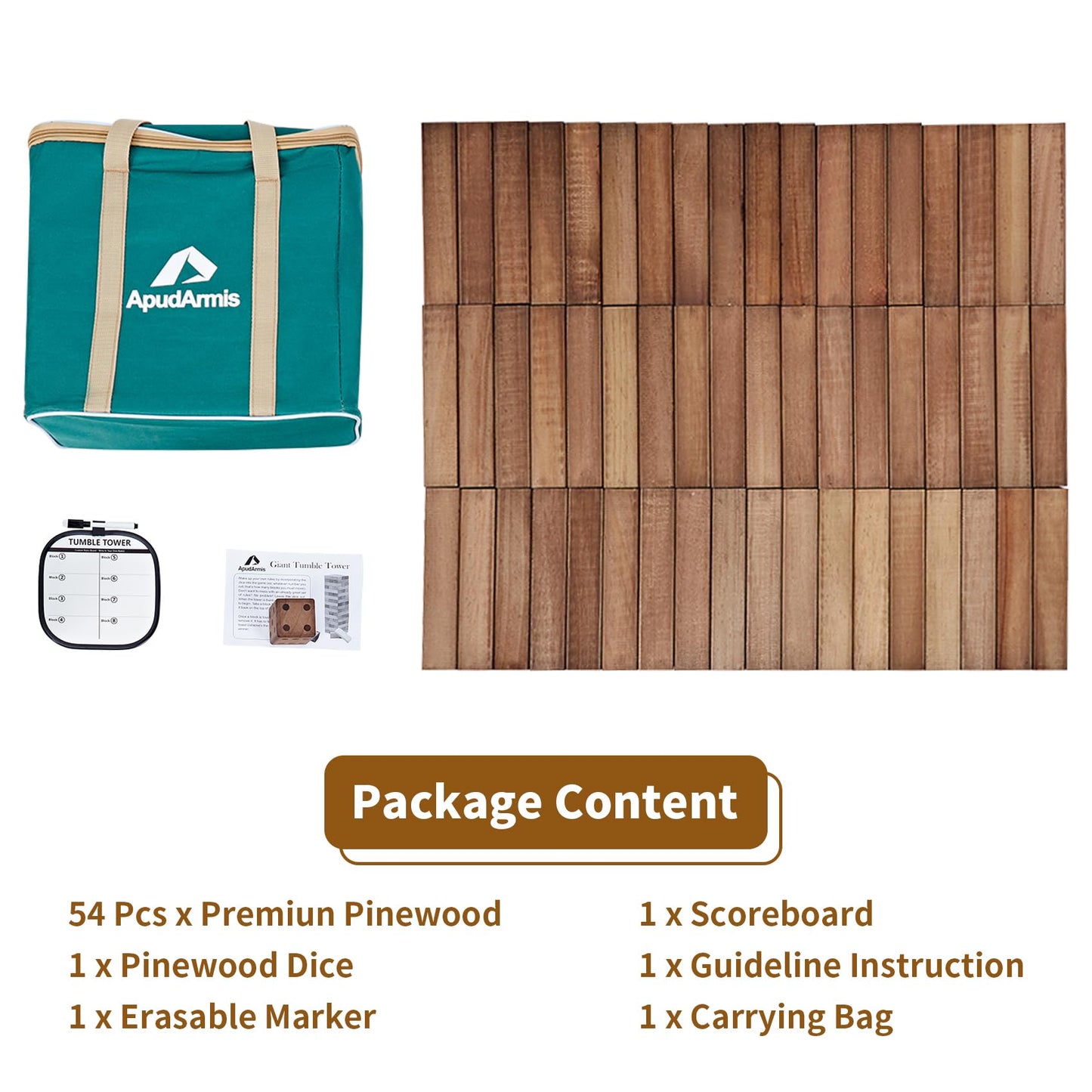 ApudArmis 54-Piece Pine Tumble Tower Set — 3.2 ft, Dice & Scoreboard