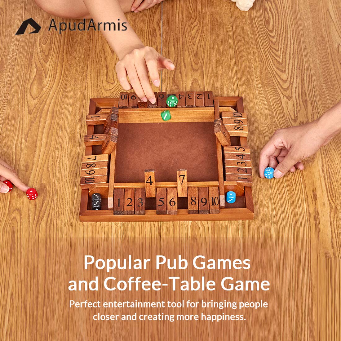 ApudArmis 4-Way Shut The Box – Large Wooden Board Game Set with Dice for 2-4 Players