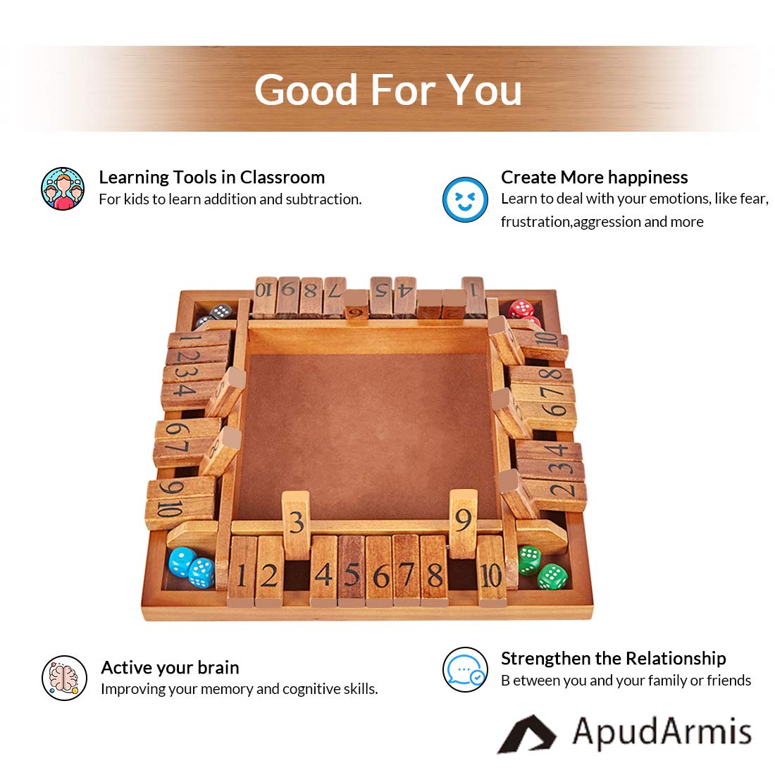 ApudArmis 4-Way Shut The Box – Large Wooden Board Game Set with Dice for 2-4 Players