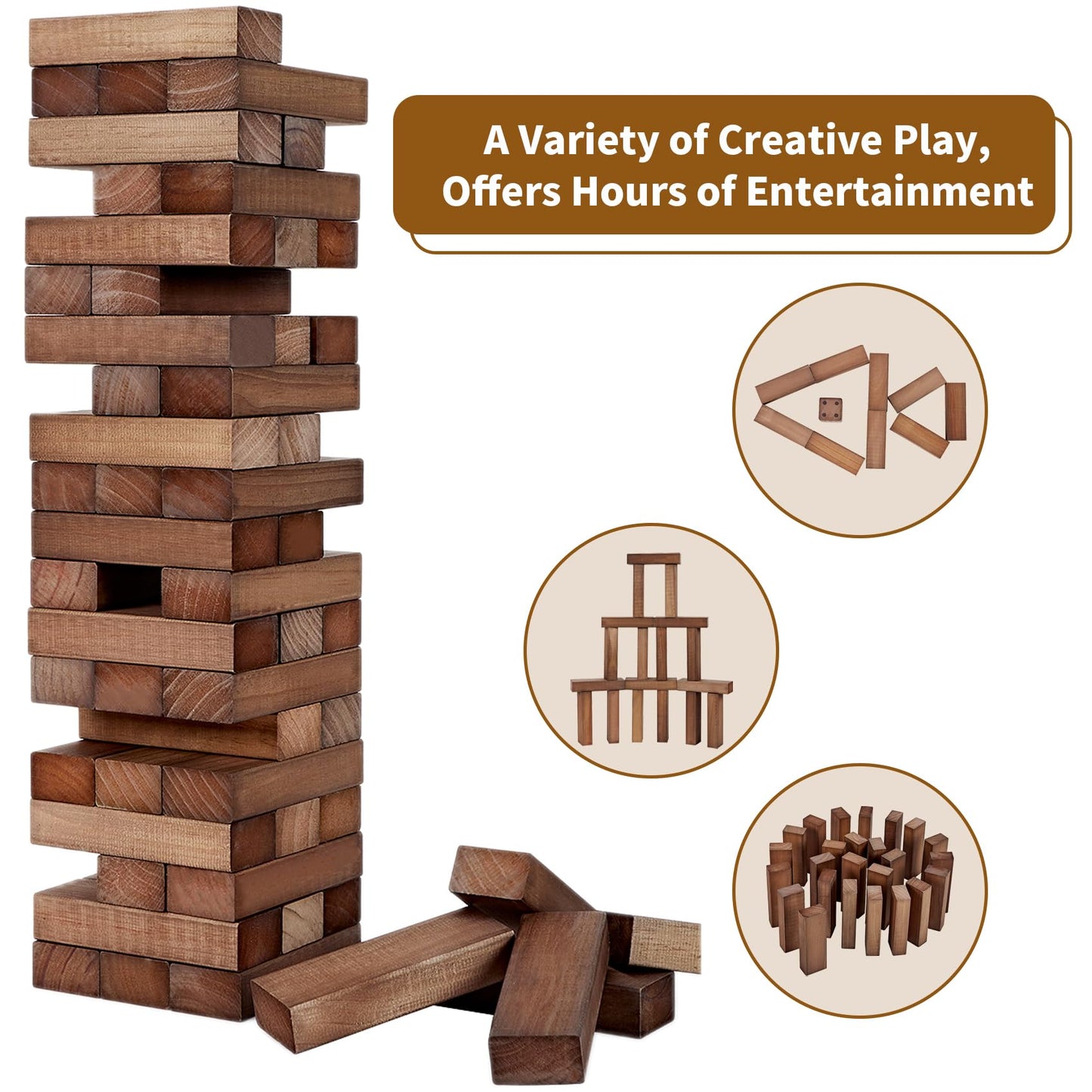 ApudArmis 54-Piece Pine Tumble Tower Set — 3.2 ft, Dice & Scoreboard