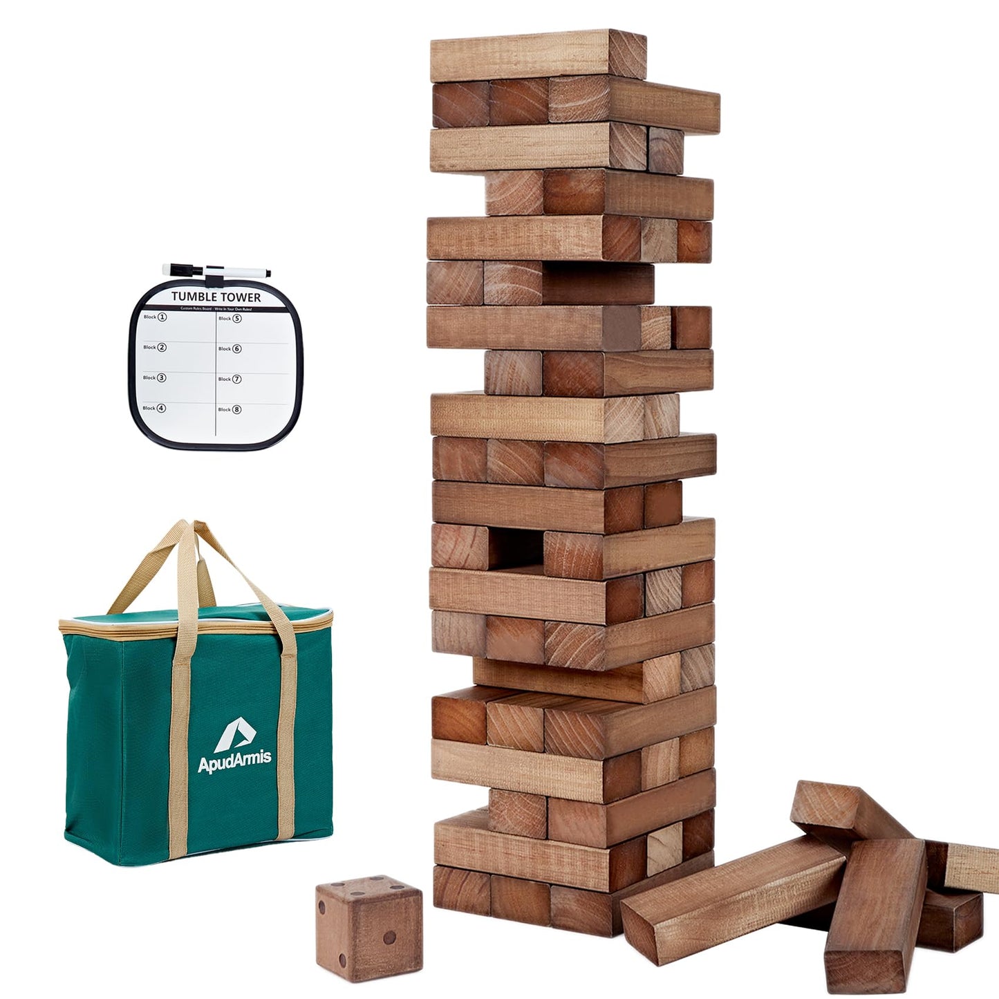 ApudArmis 54-Piece Pine Tumble Tower Set — 3.2 ft, Dice & Scoreboard