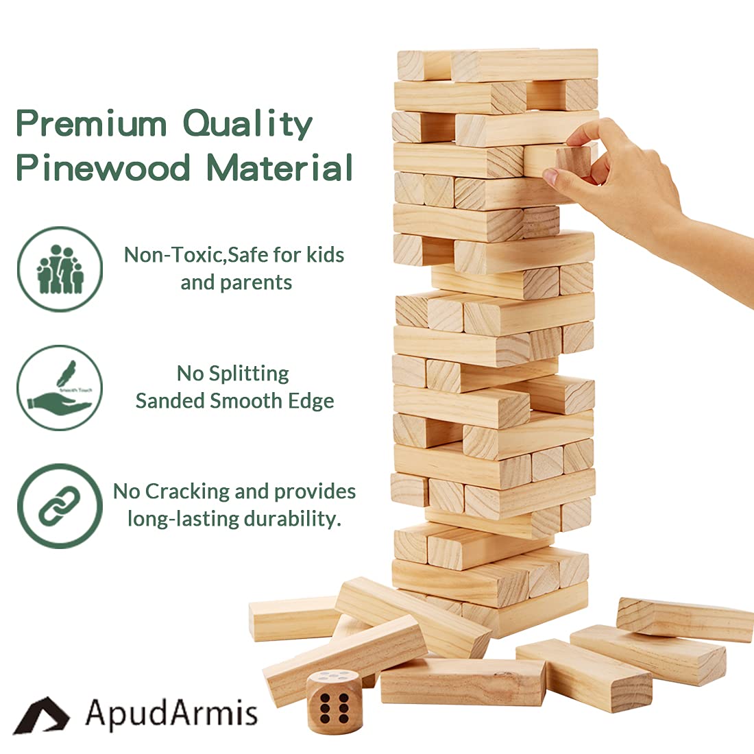 ApudArmis 54 PCS Tumble Timber Set – Pine Wood Giant Stacking Tower Game (Up to 3.2 ft)