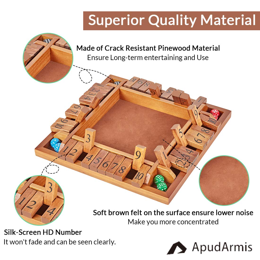 ApudArmis 4-Way Shut The Box – Large Wooden Board Game Set with Dice for 2-4 Players