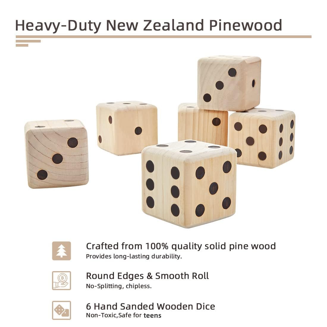 ApudArmis Giant Wooden Yard Dice - 3.5-Inch Dice Set with Scoreboard & Carry Bag
