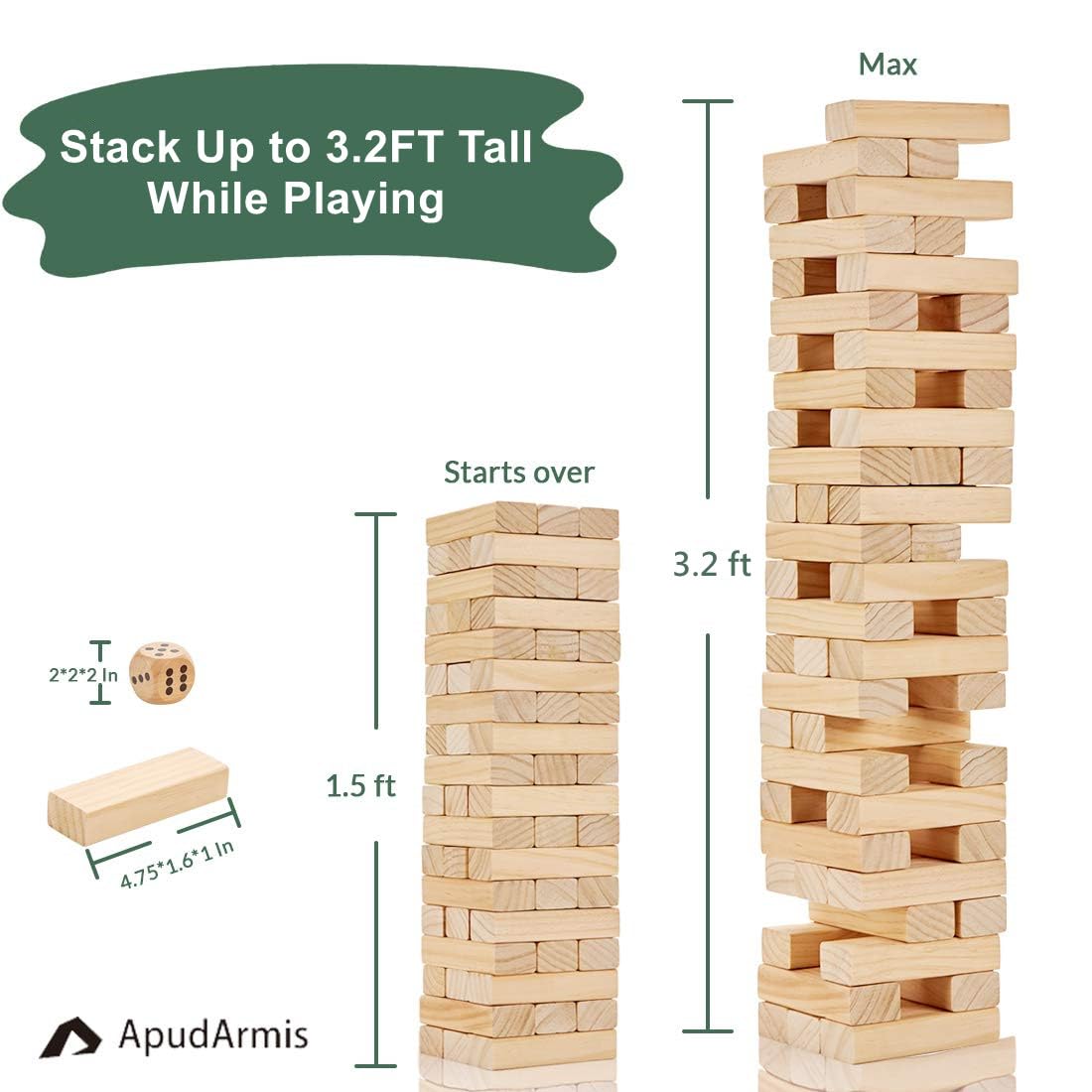 ApudArmis 54 PCS Tumble Timber Set – Pine Wood Giant Stacking Tower Game (Up to 3.2 ft)