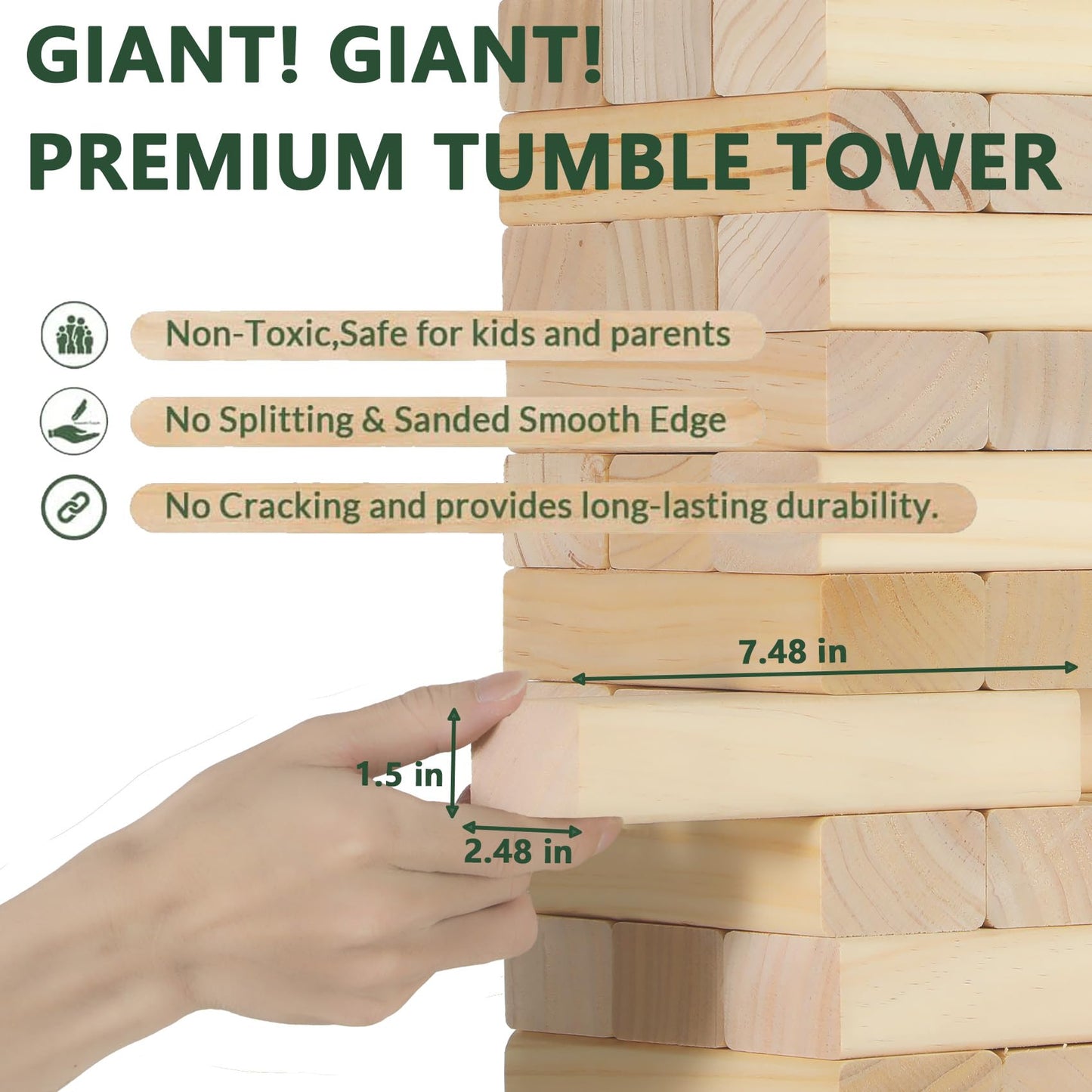 ApudArmis Giant Tumble Tower – 60-Piece Pine Wooden Stacking Blocks for Indoor & Outdoor Fun