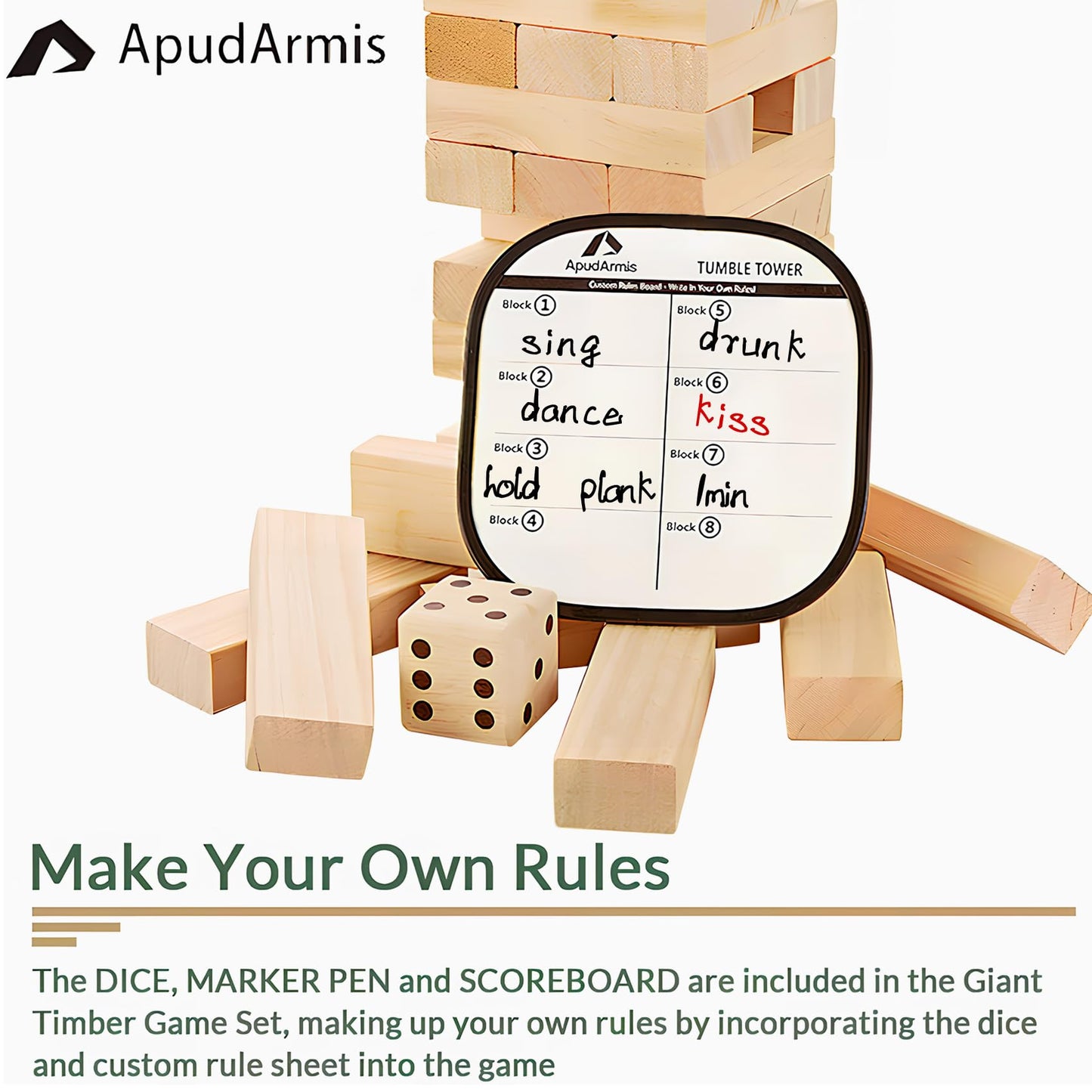 ApudArmis Giant Tumble Tower – 60-Piece Pine Wooden Stacking Blocks for Indoor & Outdoor Fun