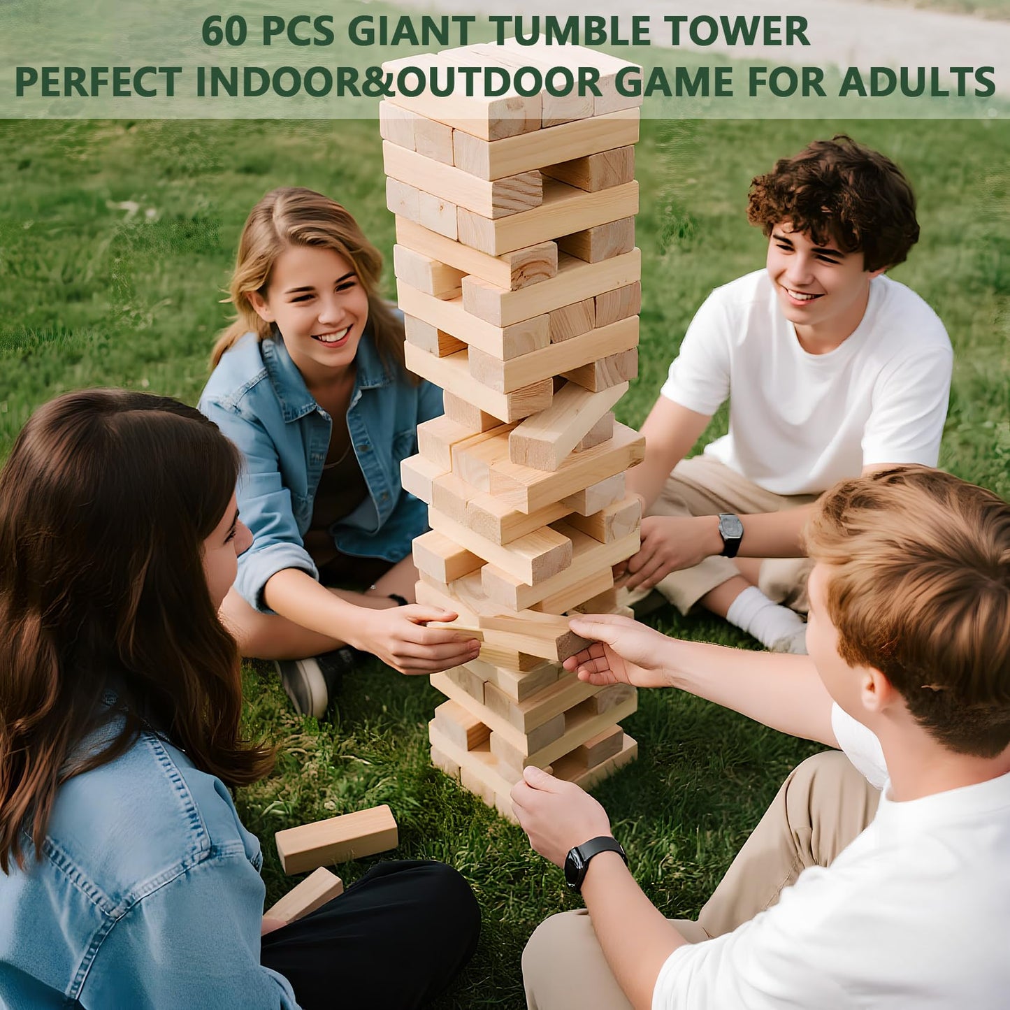 ApudArmis Giant Tumble Tower – 60-Piece Pine Wooden Stacking Blocks for Indoor & Outdoor Fun