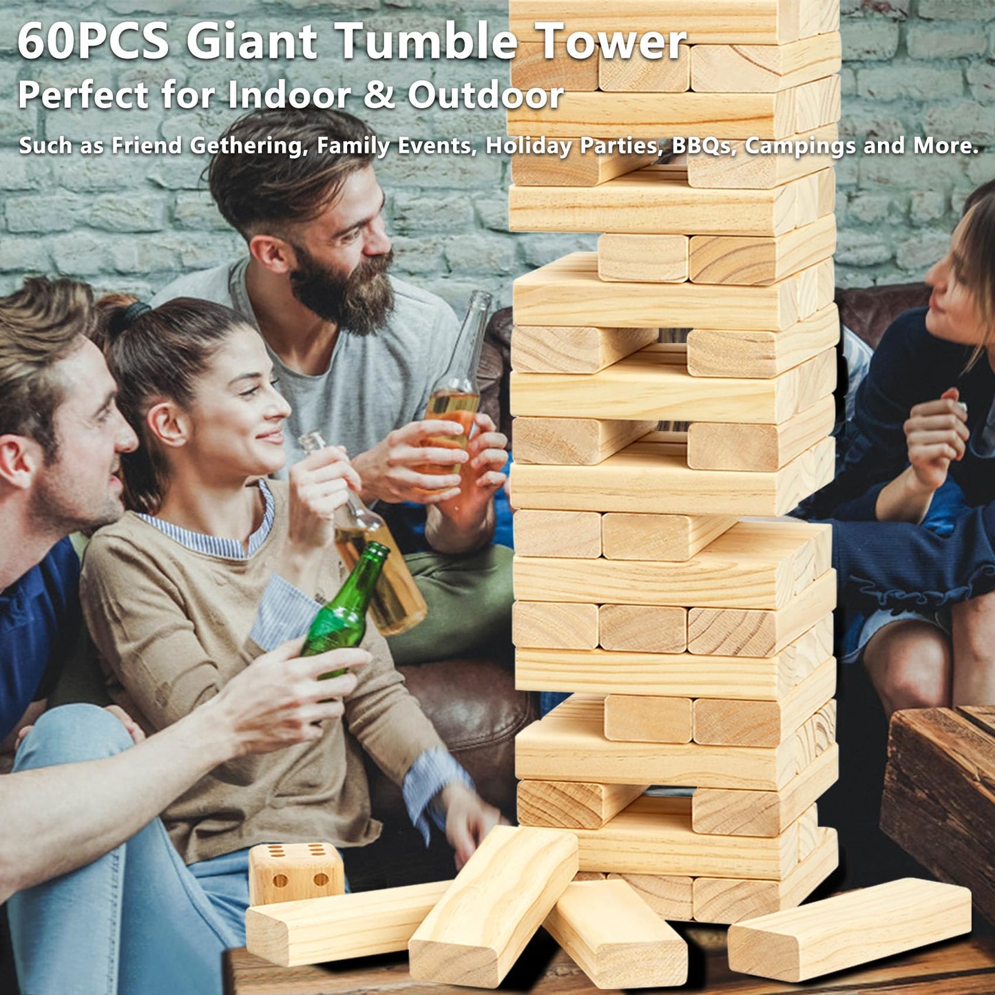 ApudArmis Giant Tumble Tower – 60-Piece Pine Wooden Stacking Blocks for Indoor & Outdoor Fun