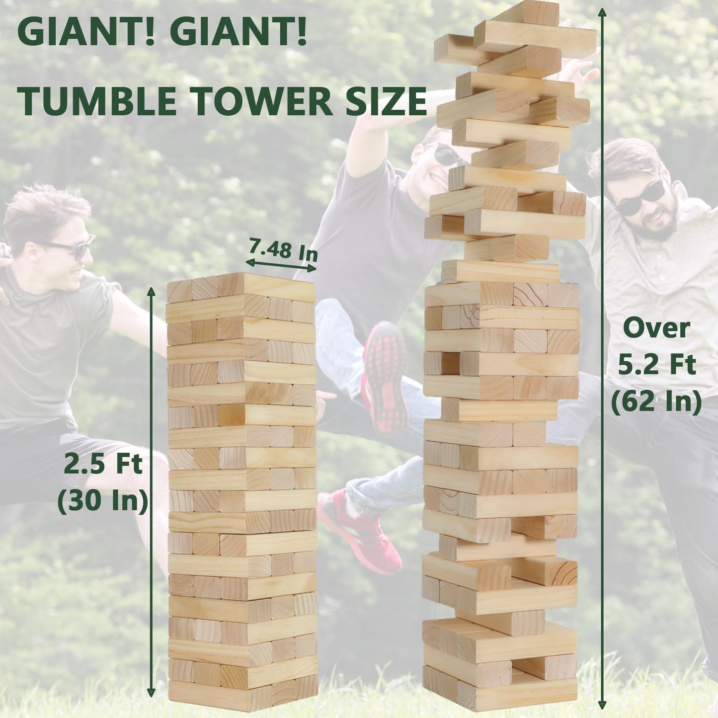 ApudArmis Giant Tumble Tower – 60-Piece Pine Wooden Stacking Blocks for Indoor & Outdoor Fun