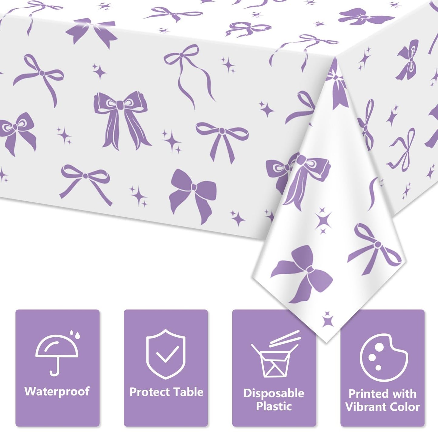 APUXXJUPA 4 Pcs Purple Bow Tablecloths – 51 x 86 in White & Purple Birthday Decor