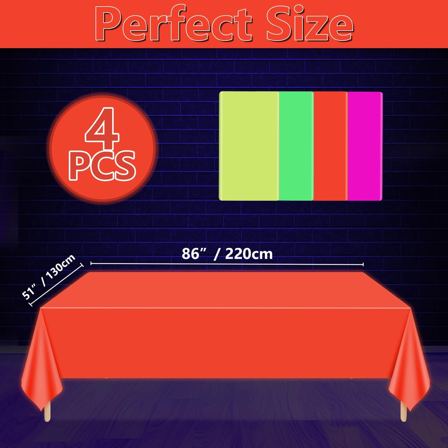 APUXXJUPA Neon Table Cloths - 4 Pcs Multi-Color 51x86 Inches Glow in the Dark Party Decor