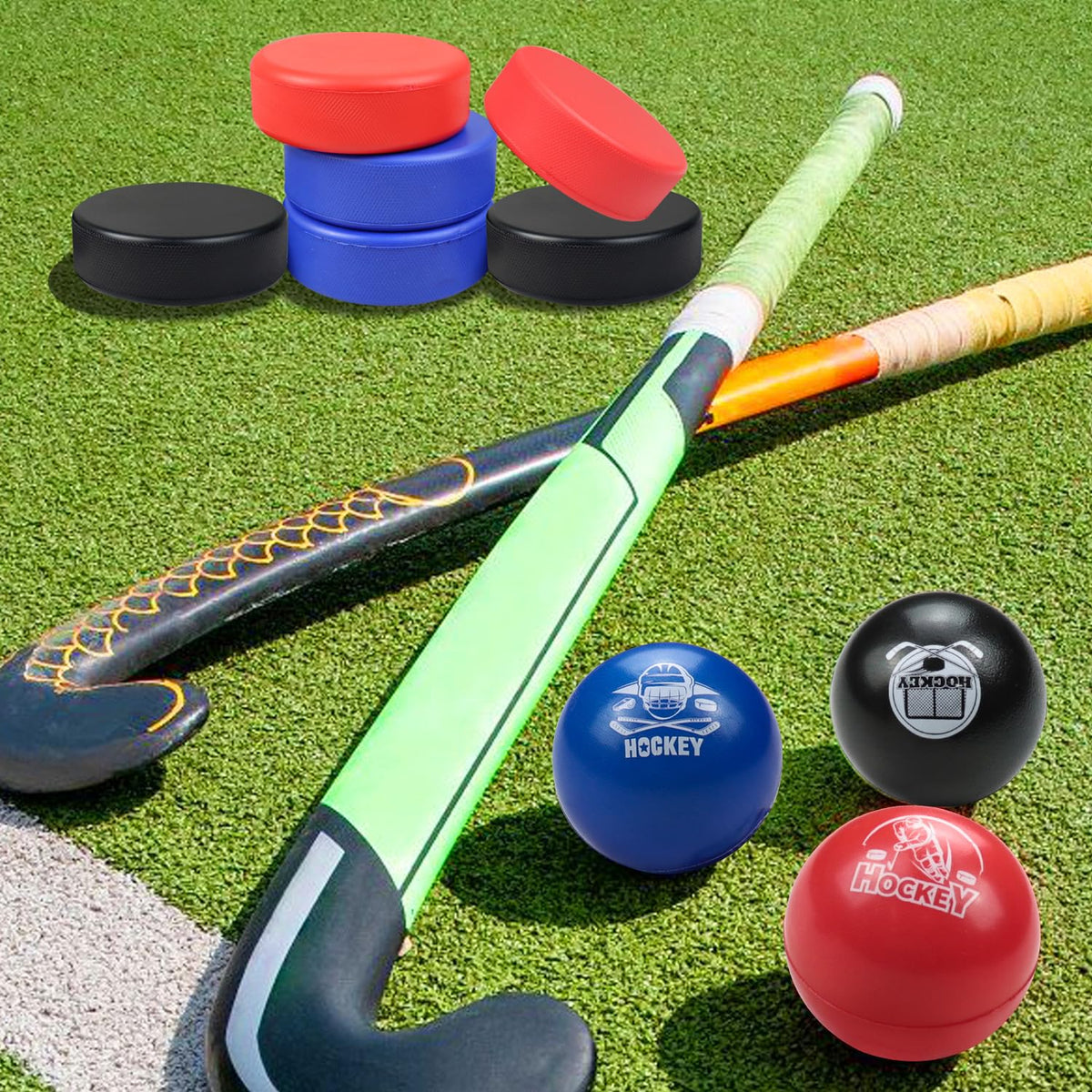 APUXXJUPA 12 Soft Foam Hockey Balls & 6 Foam Pucks – Indoor Practice Set