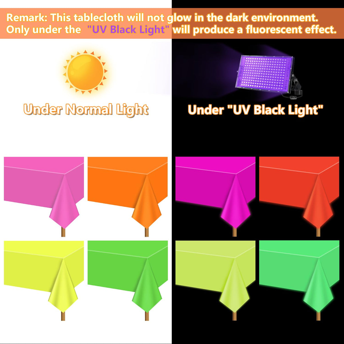 APUXXJUPA Neon Table Cloths - 4 Pcs Multi-Color 51x86 Inches Glow in the Dark Party Decor
