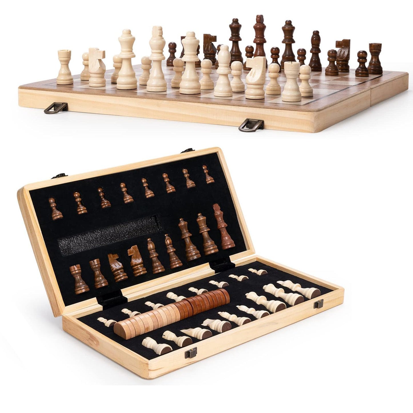 APYR AOMA 15-Inch Wooden Chess Set – Folding Magnetic Board with 2 Extra Queens
