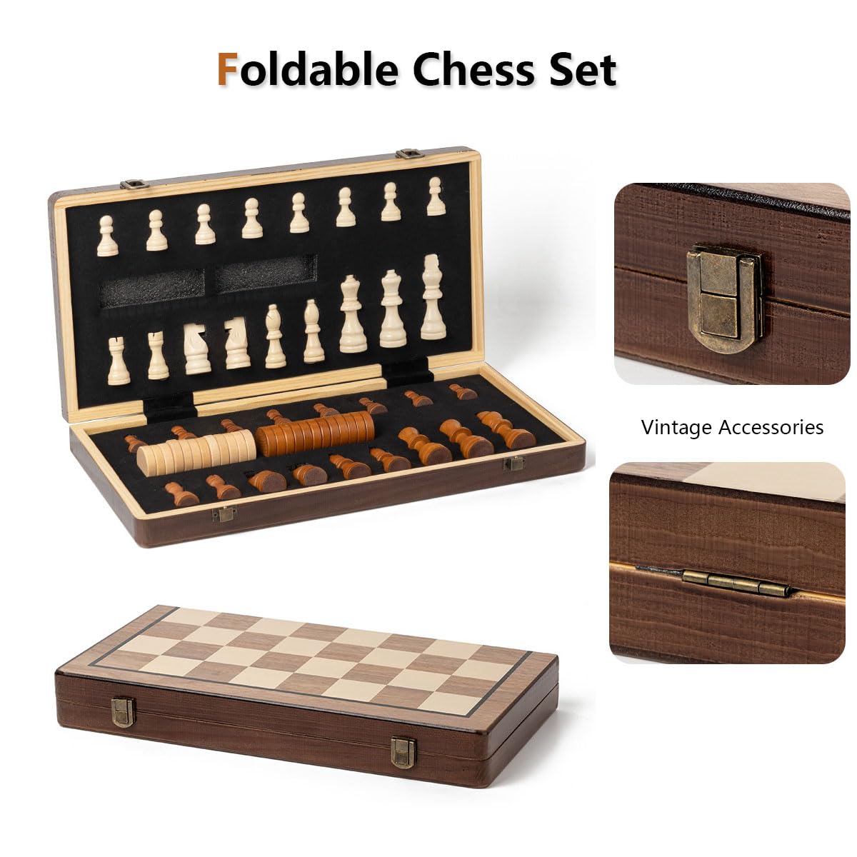 APYR AOMA Chess Set 15'' Walnut Wooden Magnetic Folding Board with Checkers & 2 Extra Queens